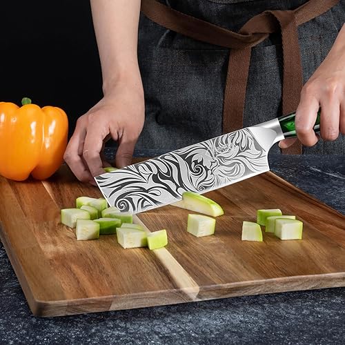 Miniatura 3 de SENKEN - Cuchillo japonés de 7 pulgadas con mango de resina verde esmeralda, Nakiri japonés grabado para el hogar y profesionales, hoja de acero