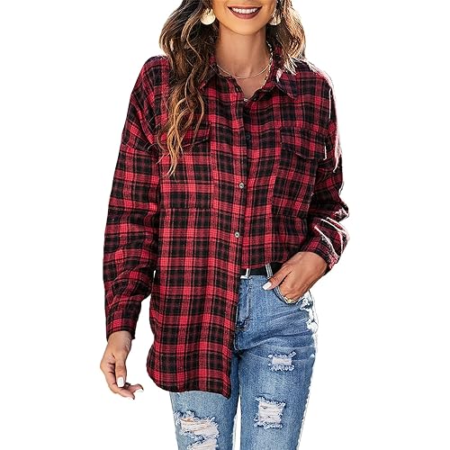 Blooming Jelly Women's Button Down Flannel Shirts Plaid Shacket Long Sleeve Collared Business Casual Tops Work Blouses