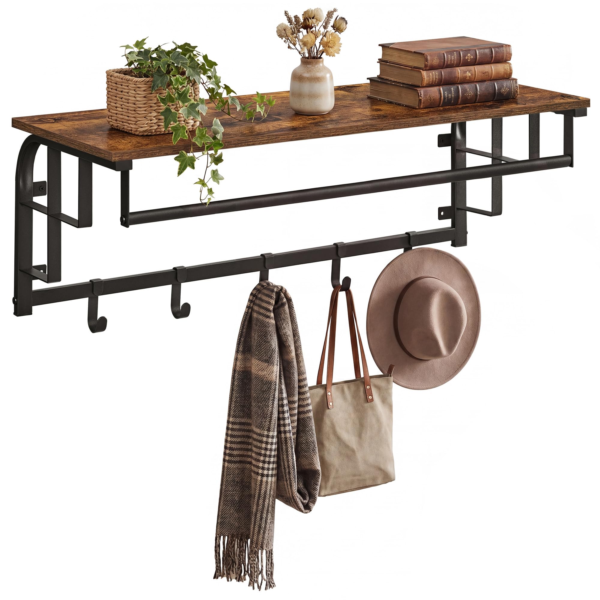 VASAGLE Coat Rack Wall-Mounted, Clothes Rail with 5 Removable Coat Hooks, Floating Shelf with Hanging Rail, for Hallway, Bedroom, Living Room, Rustic Brown and Black LCR102B01