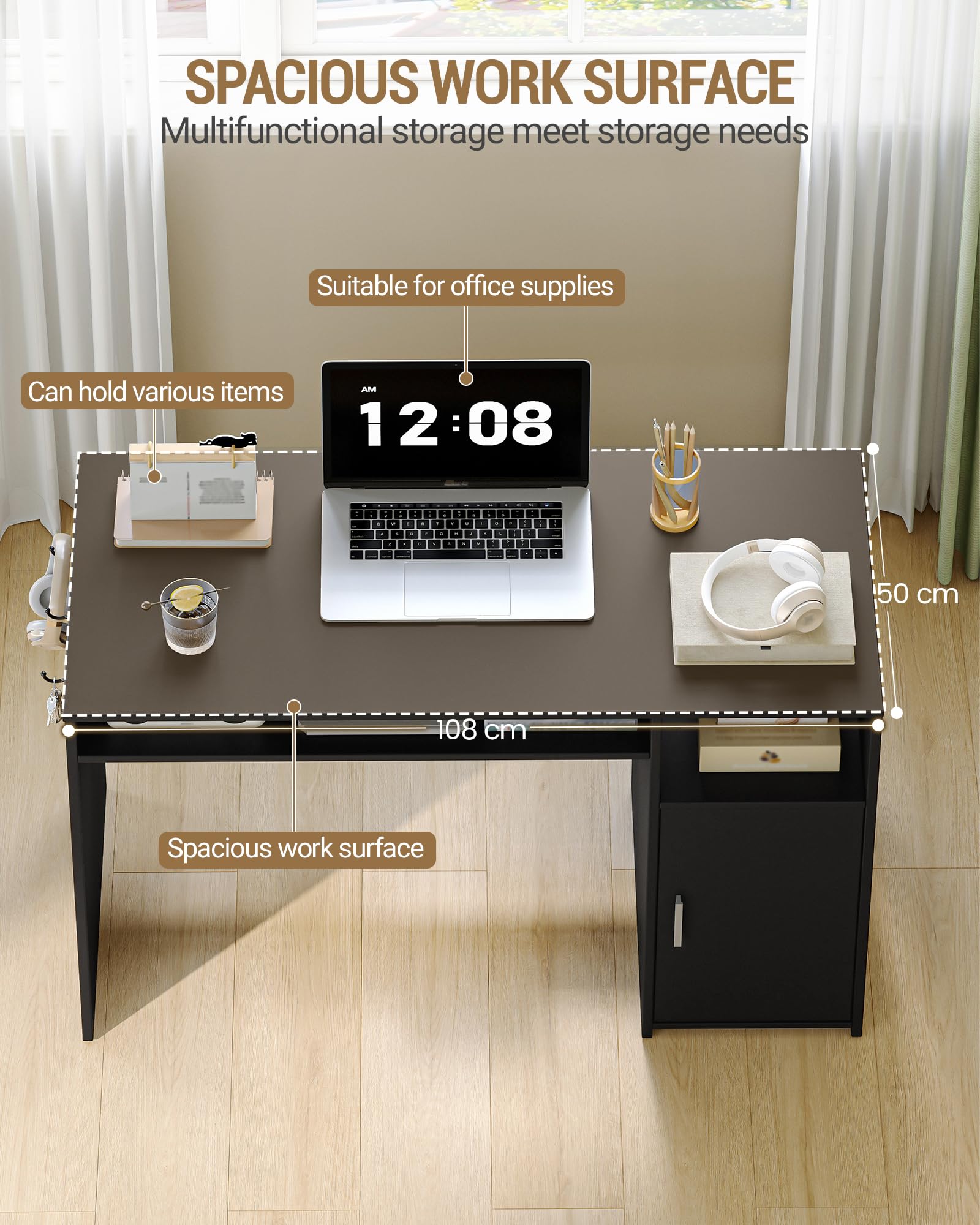 Hzuaneri Mesa Ordenador, Mesa de Oficina con Almacenamiento, Escritorio Moderno con Estantería, para Estudio, Oficina, Dormitorio, 50 x 108 x 75 cm, Negro CD10106X
