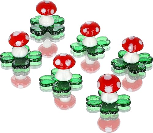 HDCRYSTALGIFTS 6 figuras de cristal soplado con trébol de cuatro hojas de la suerte, adorno de trébol de cristal en miniatura, diseño de hongos