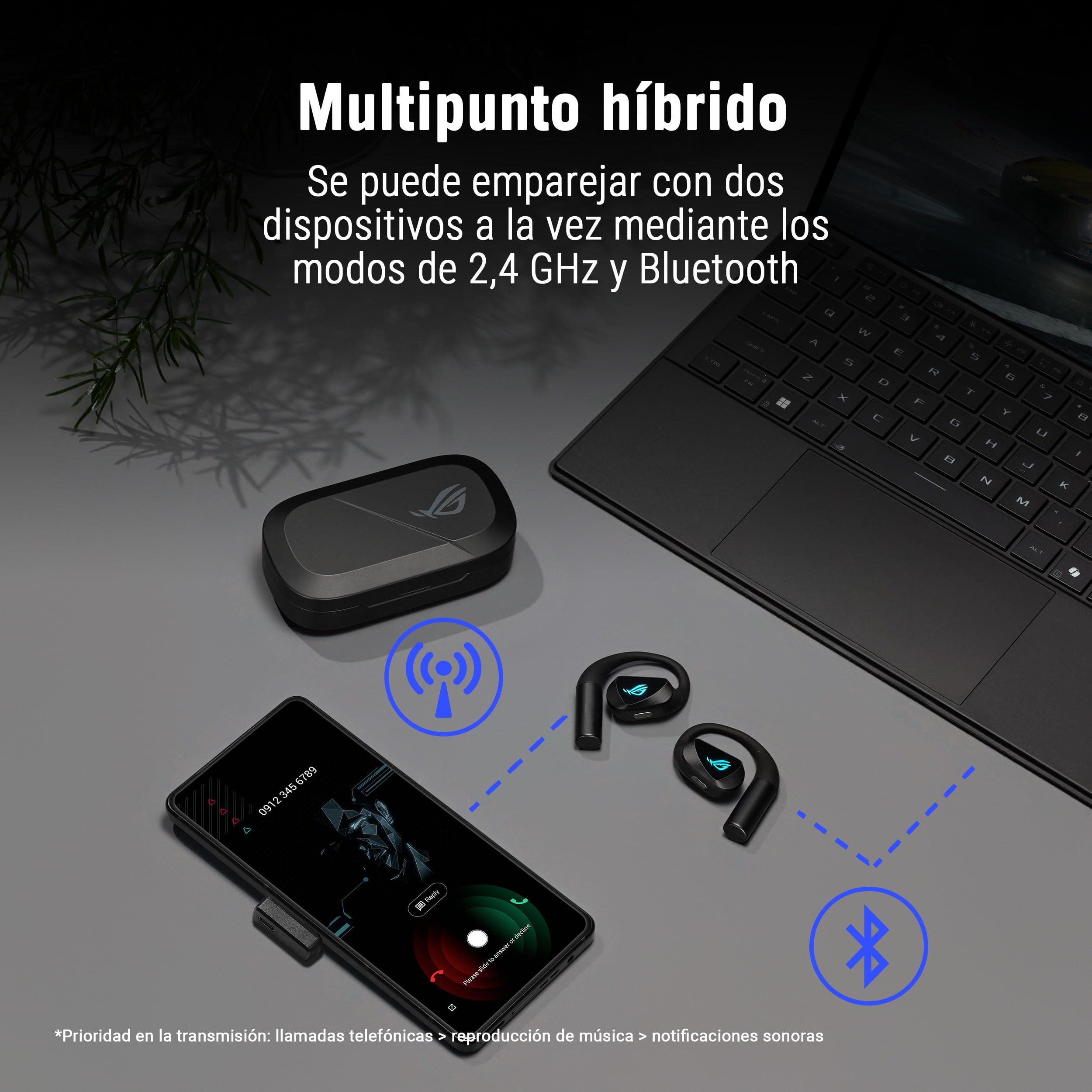 ASUS ROG Cetra Open Wireless - Auriculares Gaming (2,4 GHz y BT, ROG SpeedNova, Controladores de diafragma Recubiertos de DLC de 14,2 mm, cancelación de Ruido IA, 16 h de reproducción, IPX5) - Negro