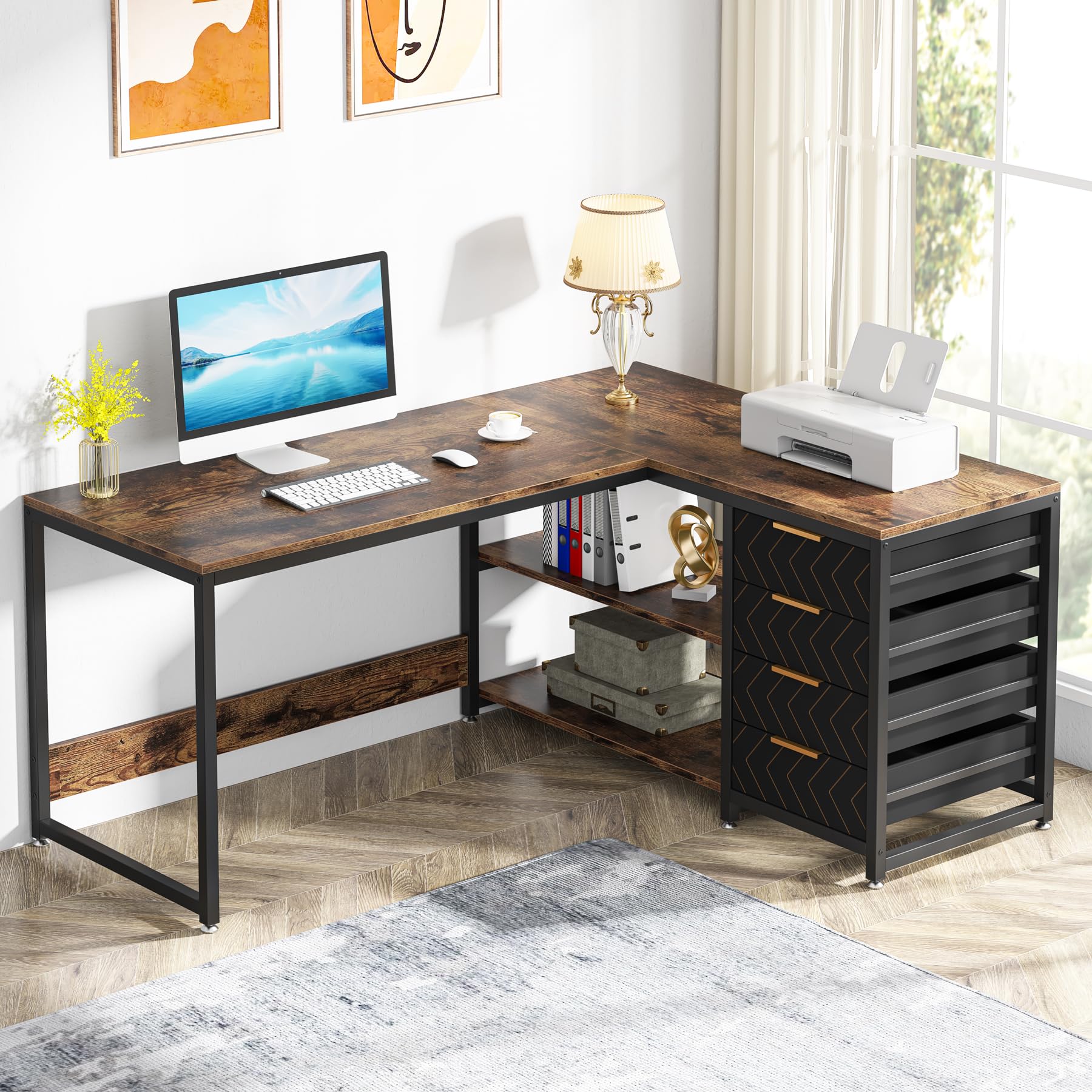 Tribesigns L Shaped Computer Desk with Storage Drawers, 59 inch Corner Desk with Shelves, Reversible L-Shaped Office Desk Study Writing Table Workstation for Home Office, Brown