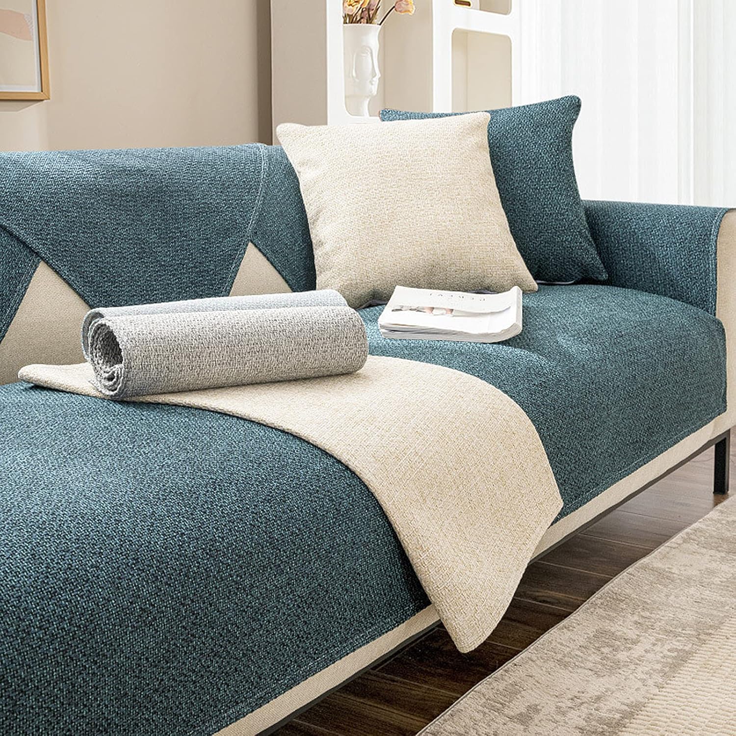 Japanese Style Couch Covers,Flax Linen Fabric Sofa Slipcovers for Sectional Sofa L Shape,Non Slip Breathable Solid Color Furniture Protector for Dogs (Green-1,51"x102")