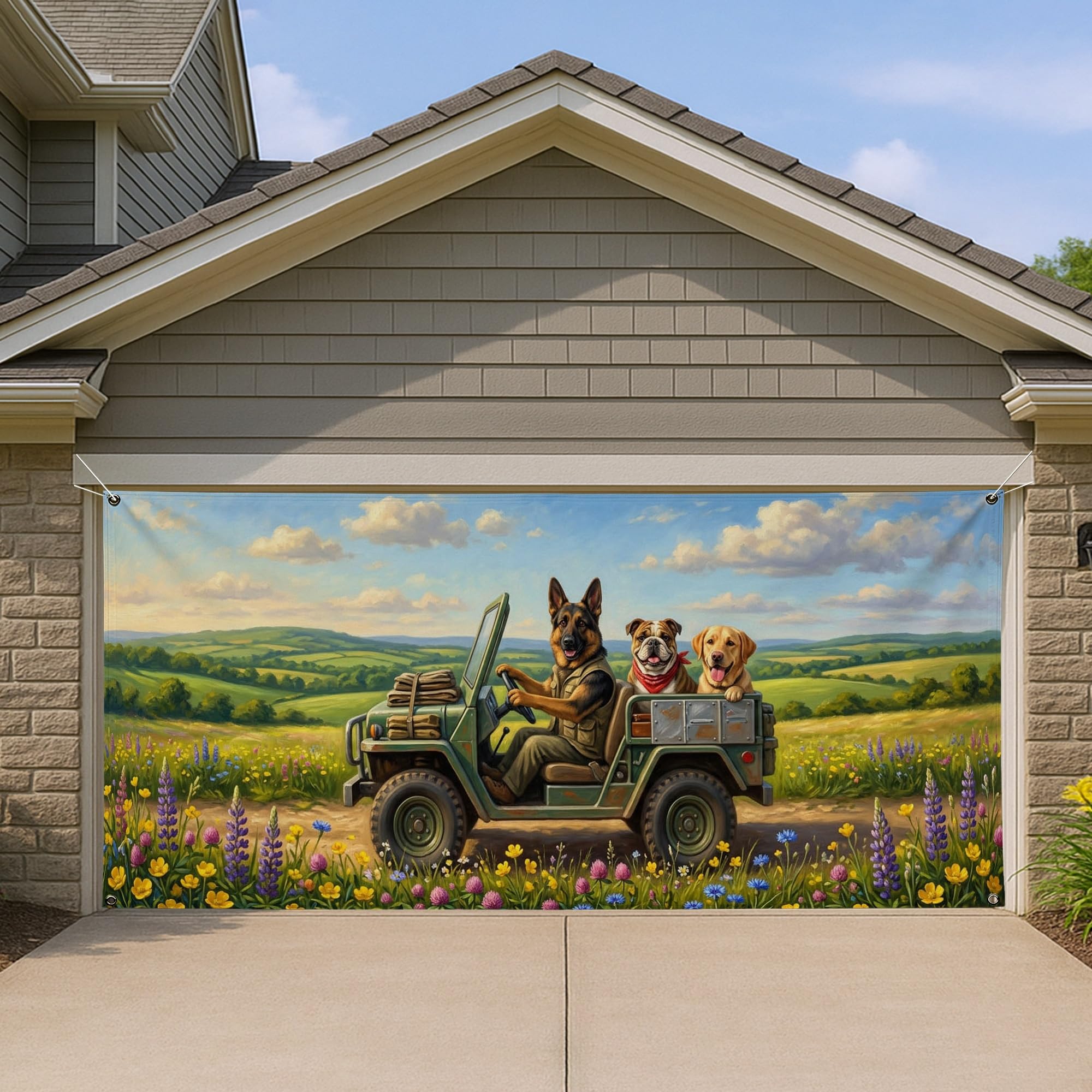 Motif animal vintage coloré pour habiller une grande porte de garage de 400x180 cm