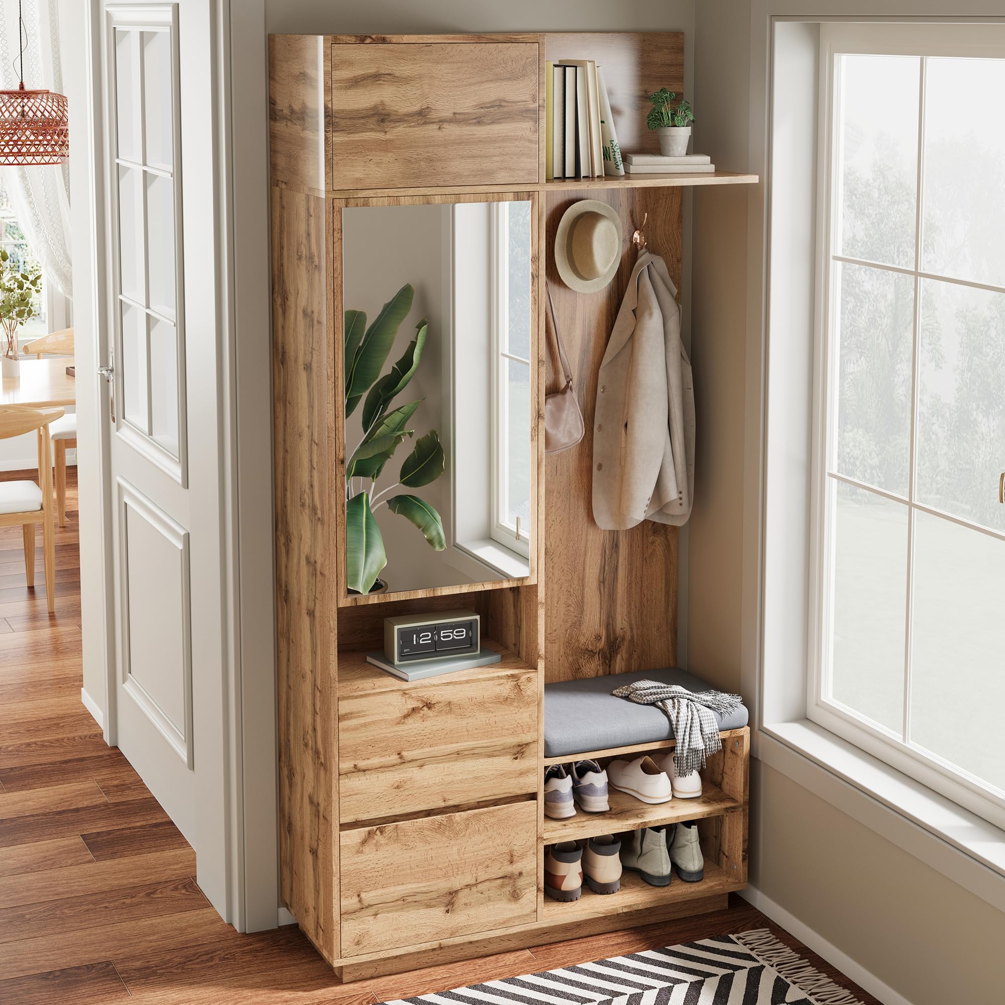 HAINEW Garderoben Set Wandgarderobe mit Spiegel und Sitzbank, Flurgarderobe Set Garderobenschrank mit Schuhschrank, Haken und 1 Schublade, 90×34,5×190cm, HNDE25120109 (Holzfarbe)