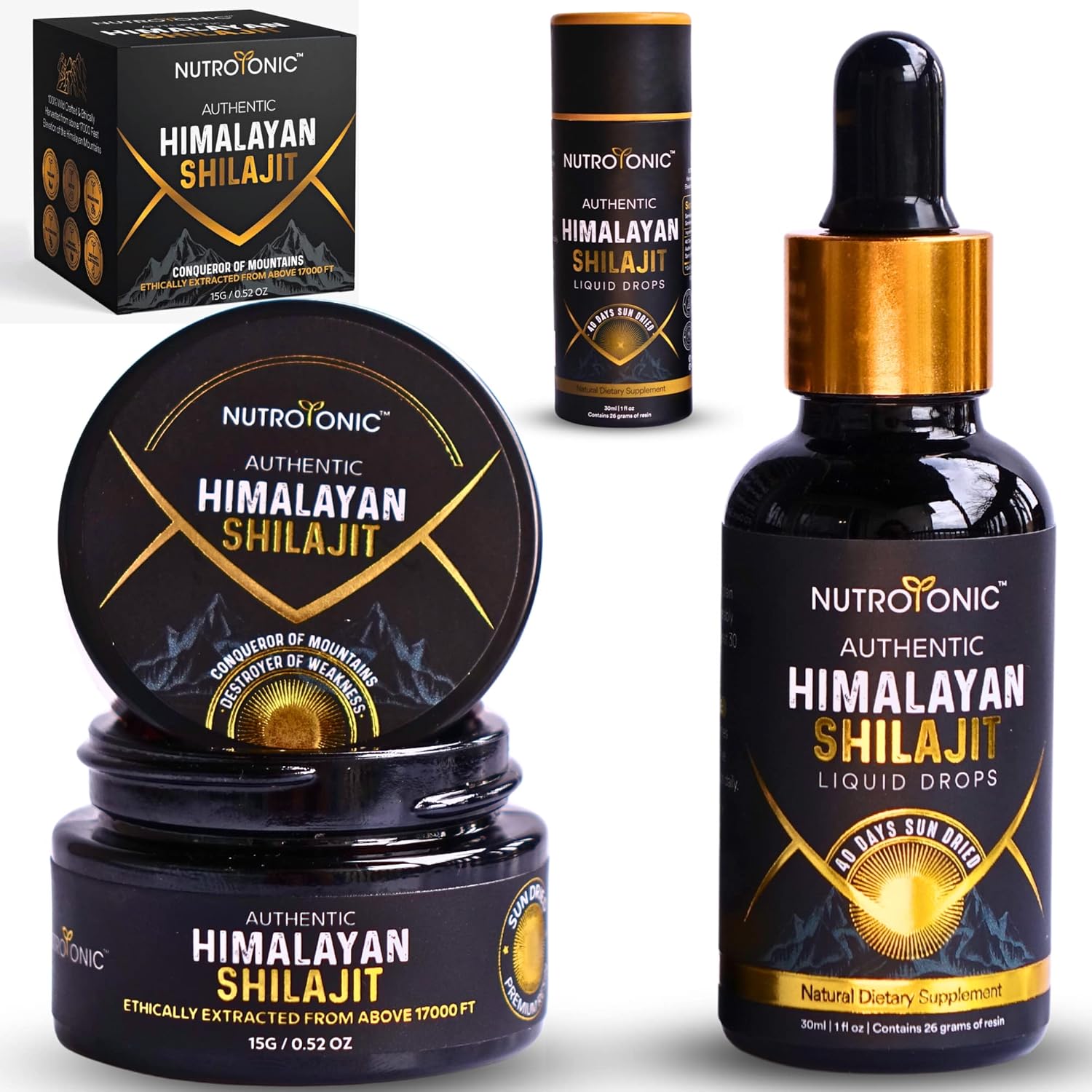 Authentic Himalayan Shilajit (Resin + Liquid Drops) by NutroTonic, The Most Potent & Natural Source of Fulvic & Humic Acid, Worlds Only Premium 40 Days Sun Dried Himalayan Shilajit