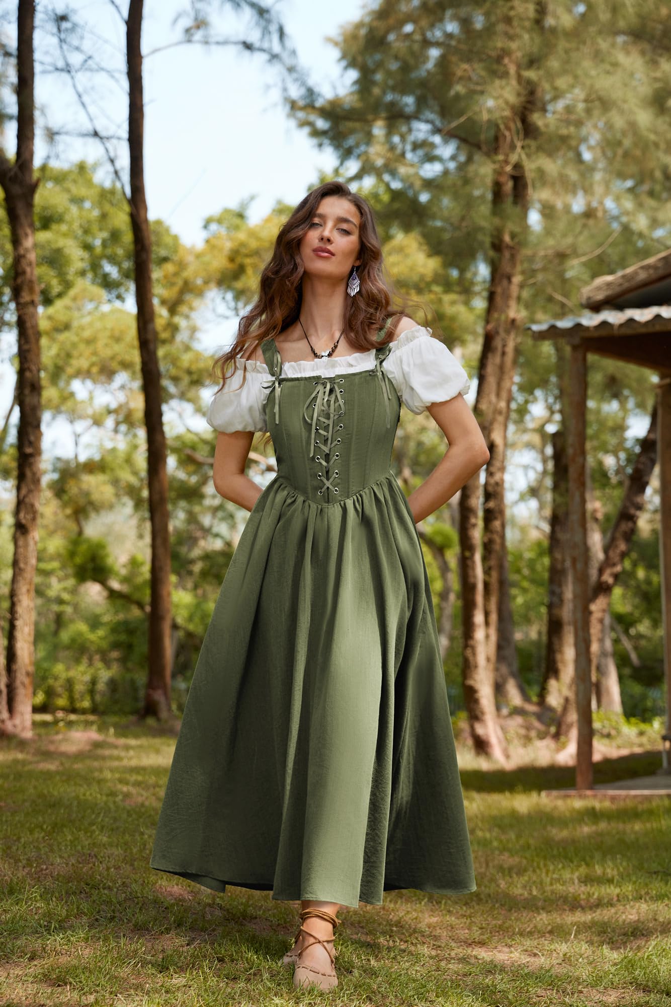 SCARLET DARKNESS Damen Renaissance Korsett Kleid Ärmellos mit Schnürung Gesmokt Mittelalter Maxikleid