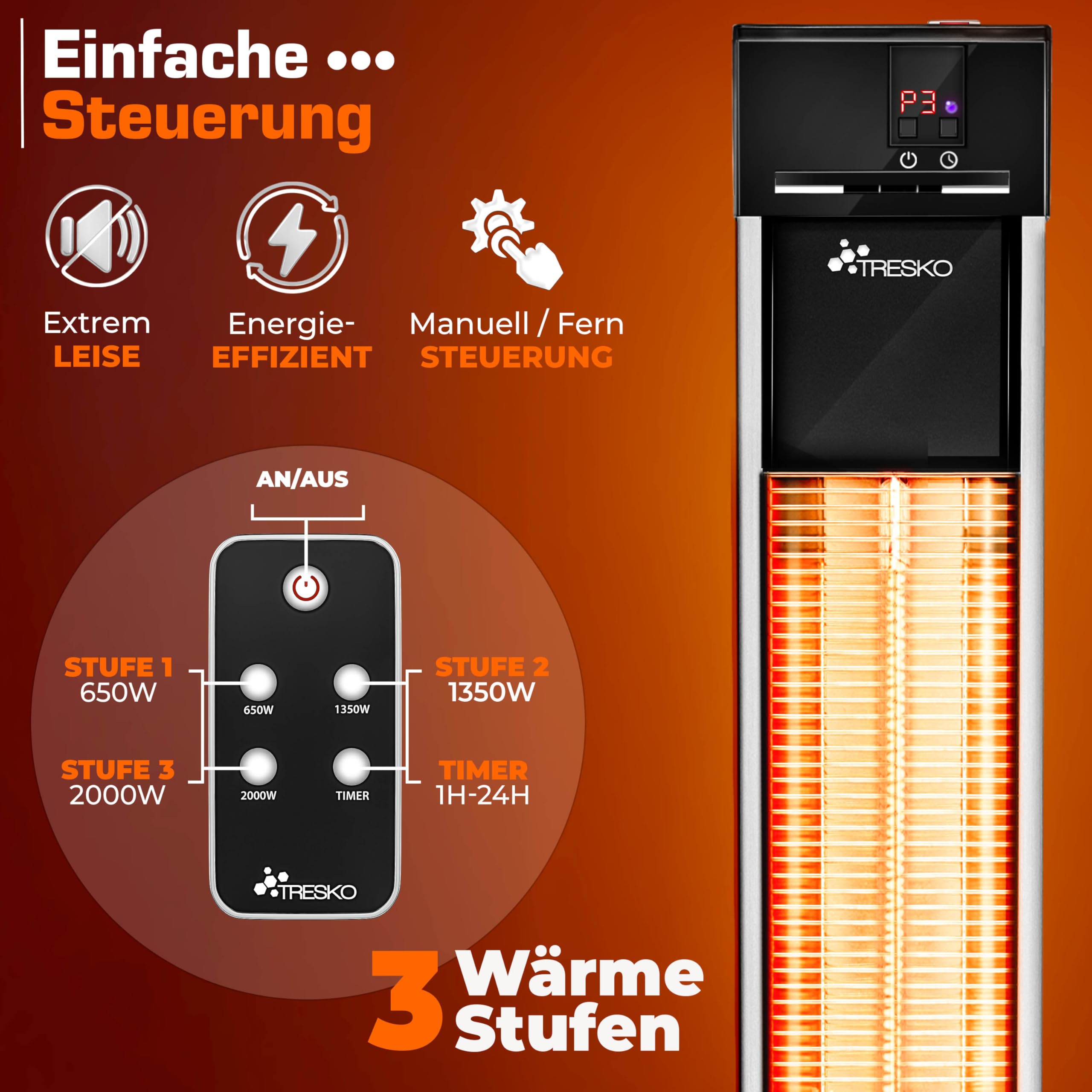 TRESKO Infrarot Stand-Heizstrahler 2000W mit Fernbedienung | Wärmestrahler Terrasse elektrisch mit 3 Heizstufen | Terrassenstrahler Innen & Außen | Infrarotstrahler mit LED-Anzeige