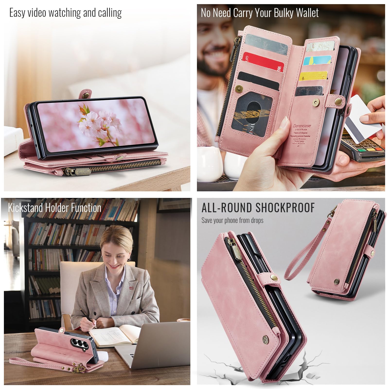 Defencase Funda tipo cartera para Galaxy Z Fold 8 Ultra con tarjetero | Con bolsillo con cremallera RFID, piel sintética suave y duradera, pulsera, fundas con tapa para teléfono con soporte para