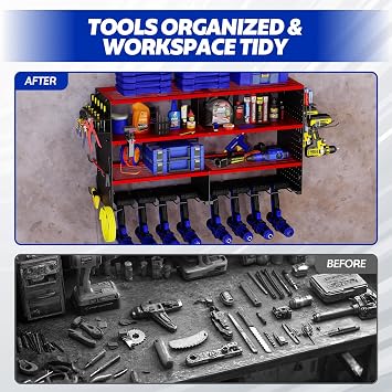 FAHKNS Power Tool Organizer Wall Mount, 4 Layer Heavy Duty Metal Tool Storage Rack, Garage Wall Organizers with 8 Drill Holder Screwdriver Holder, Cordless Tool Organizer for Garage Workshop Shed