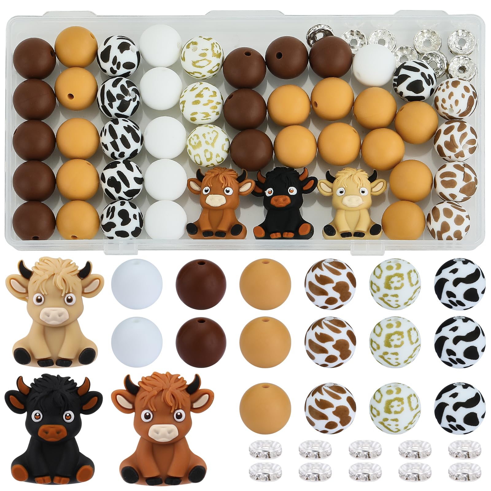 WEWAYSMILE 46 Pcs 15mm Silicone Beads 3D Animal Focal Beads for Pens Printed Silicone Bead Bulk for Keychain Bracelets Making and Other Handmade Crafts(Cow)