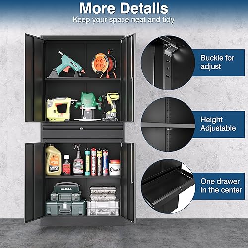 Miniatura 65 de Armario de almacenamiento de metal, gabinetes de garaje de 2 puertas, caninete de herramientas de utilidad de acero, caninetes de bloqueo corto con