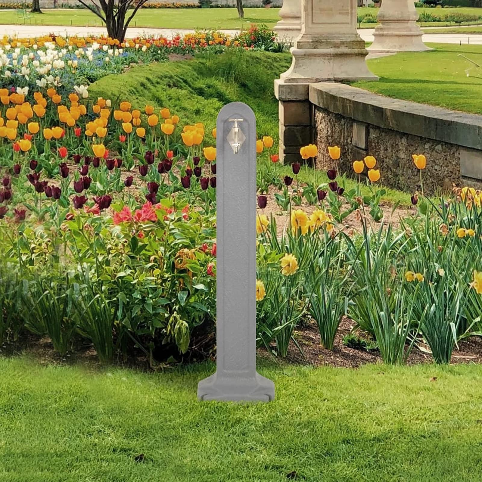 Festnight Wassersäule Garten Wasserzapfsäule Entnahmestelle Wasserhahn Aussen Wasserzapfstelle Garten Steinbecken Garten Wasserhahn Wassertank für Matschküche Hellgrau Steinoptik