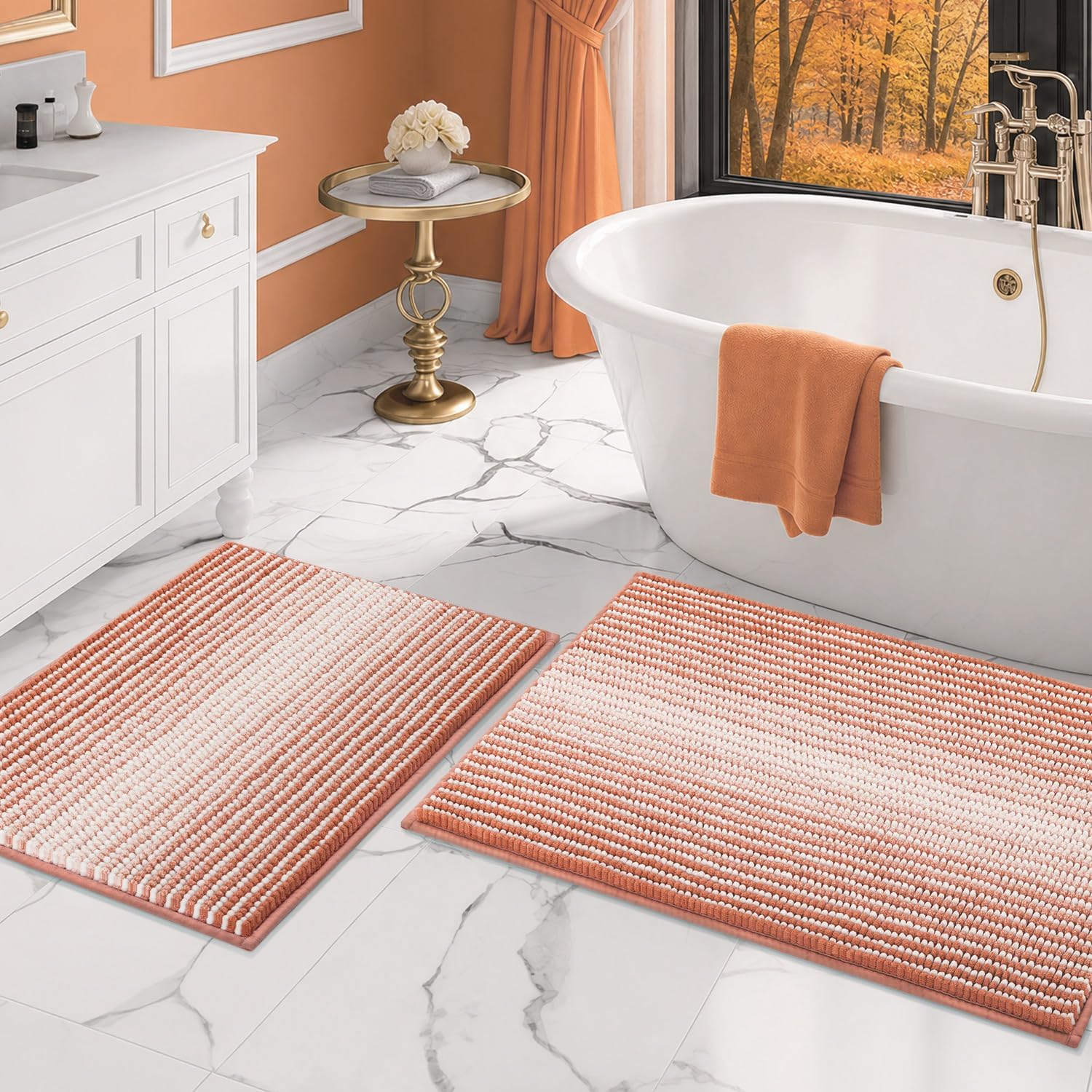  Bathroom Rugs Sets 2 Piece, Non Slip Striped Bath Mat, Light Orange