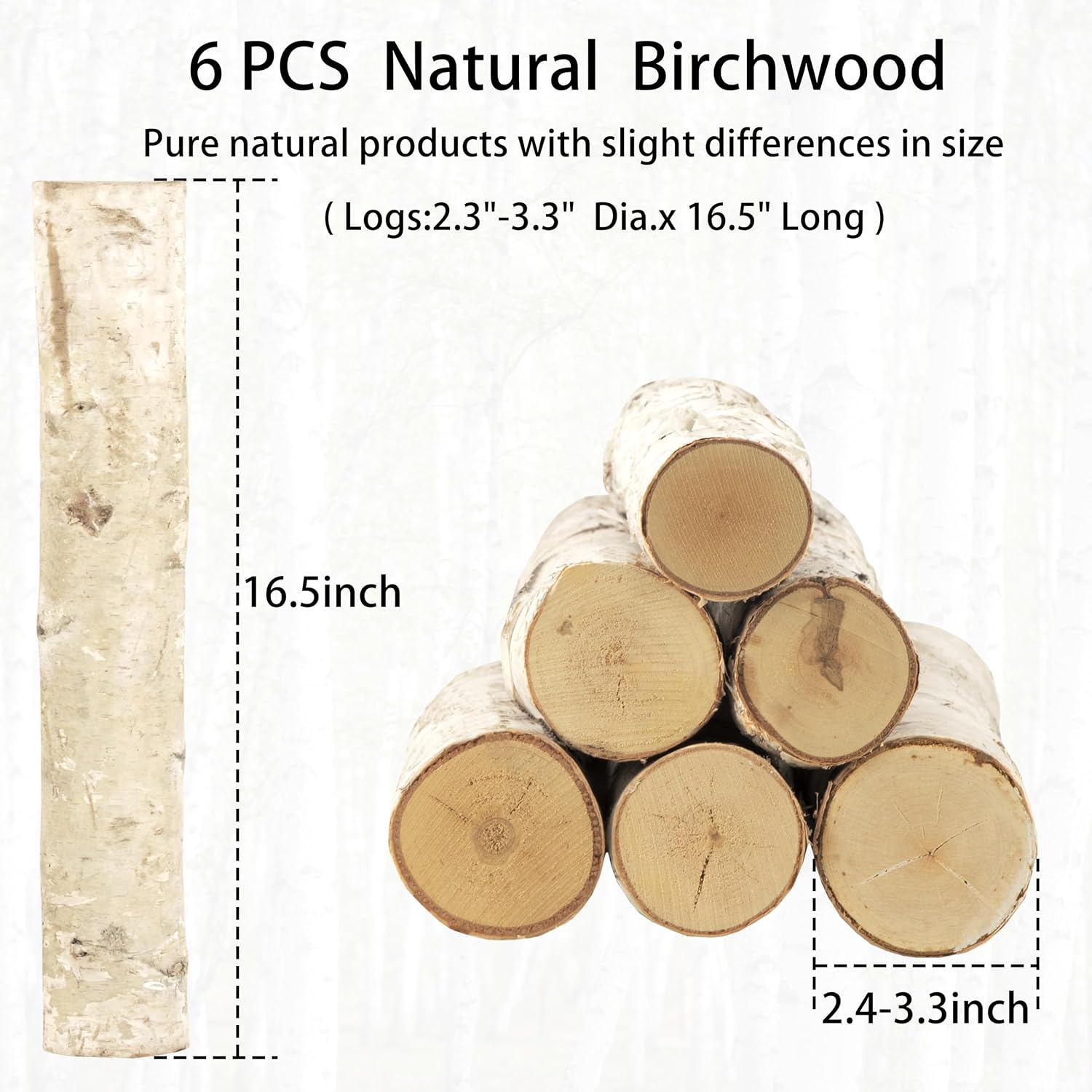 6 PcsBirch Logs Decorative Natural Birch Log for Decoration,Crafts,DIY,White Birch Logs for Fireplace Decor Firewood(Logs:2.4"-3.3" Dia. x 16.5" Length)