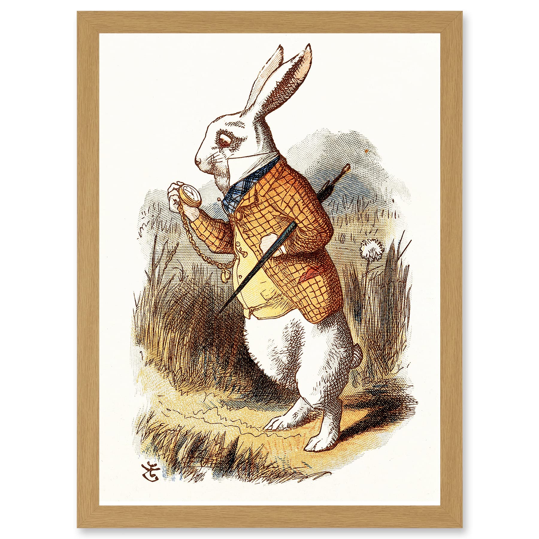 Artery8 White Rabbit Framed Wall Art Print A4 - John Tenniel Alice in Wonderland Artwork - Light Oak Frame