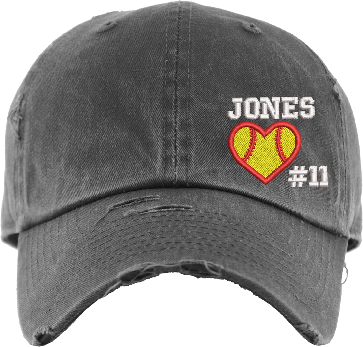 Softball Heart Hat w/Custom Name and/or Number | DISTRESSED Baseball Cap OR Ponytail Hat | Personalized Embroidered Baseball and Softball Mom Hat