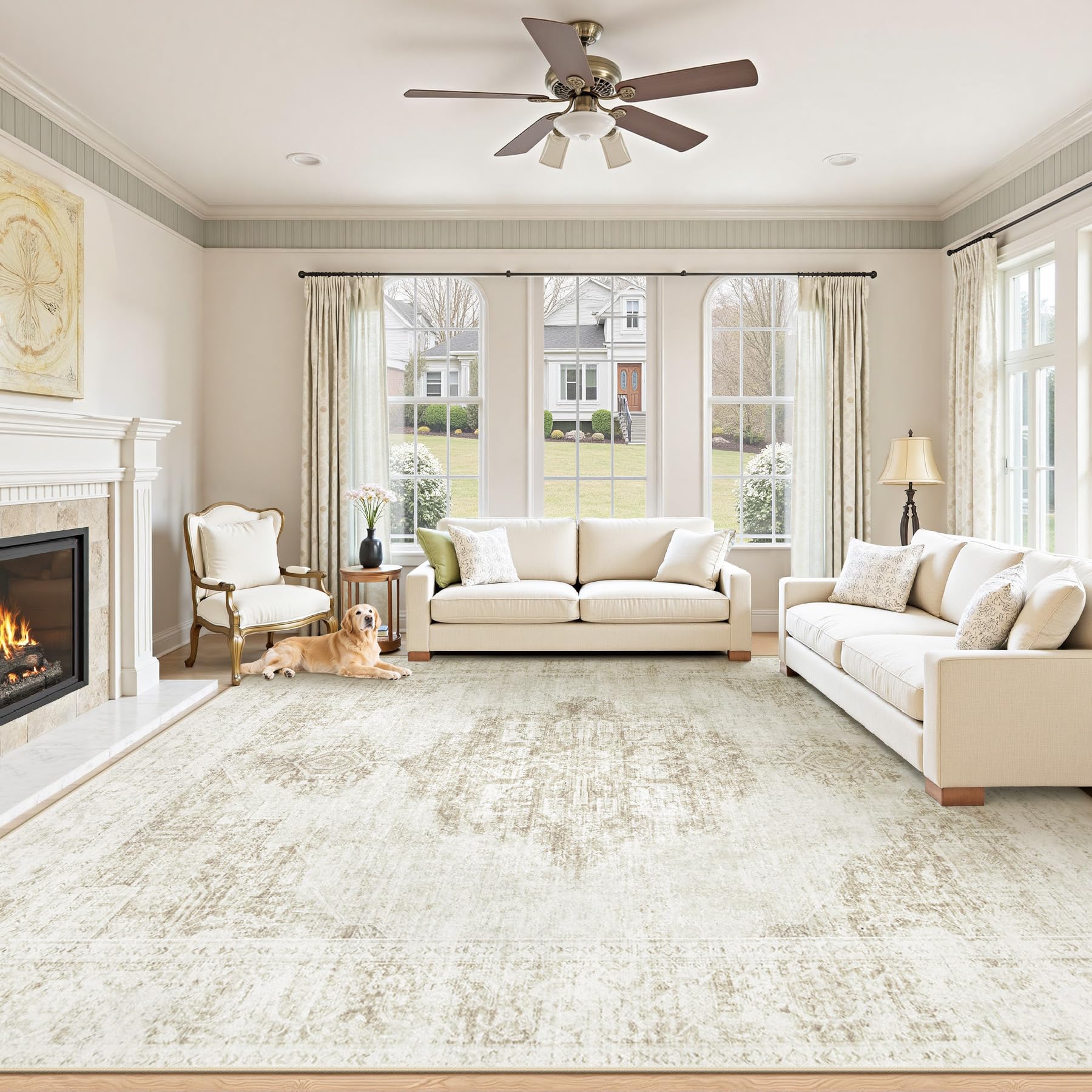 Area Rug 9x12 Washable Rug Vintage Living Room Rug Medallion Large Rugs Indoor Retro Distressed Carpet for Bedroom