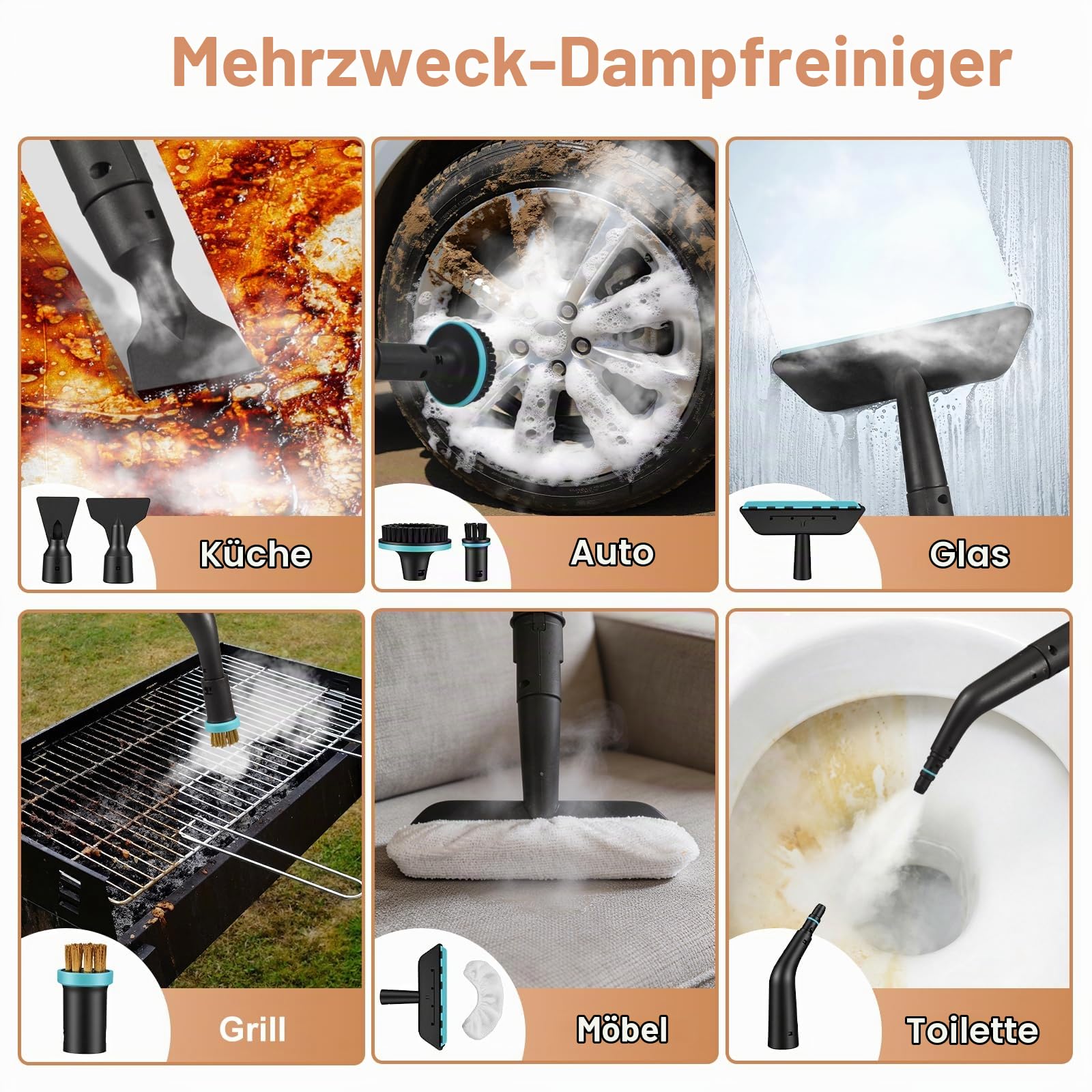 Dampfreiniger, Dampfreiniger handgerät, 1500 W, Handdampfreiniger, schnelles Aufheizen in 15 Sekunden, 1,8 l Wassertank, mit 12 Zubehörteilen für Autos, Schwarz (halten Sie 3S bis zum Start)