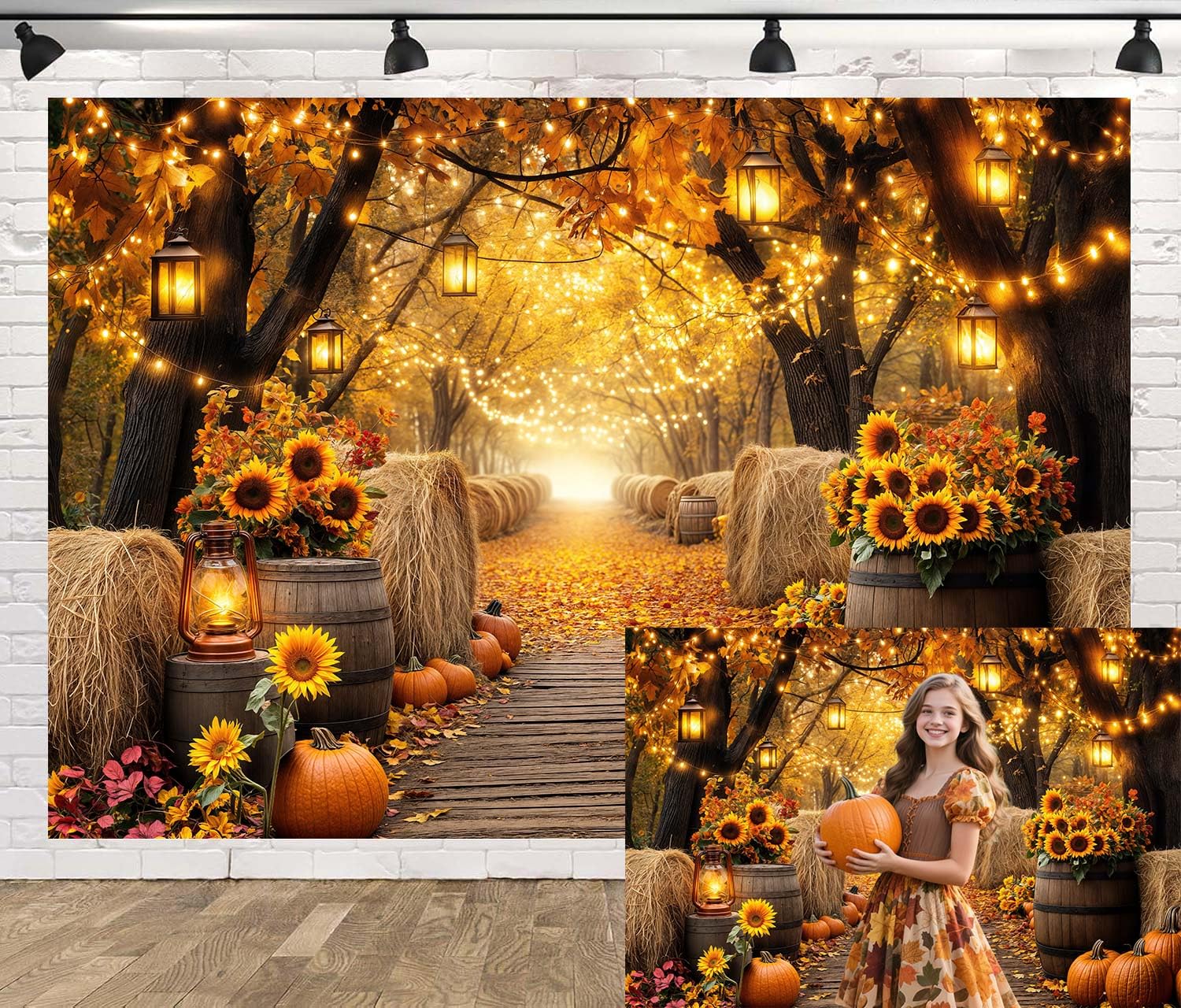 Fall Photo Backdrop, Autumn Forest Scenery Maple Leaves Pumpkins Sunflowers Photography Background, Fall Farm Harvest Thanksgiving Day Friendsgiving