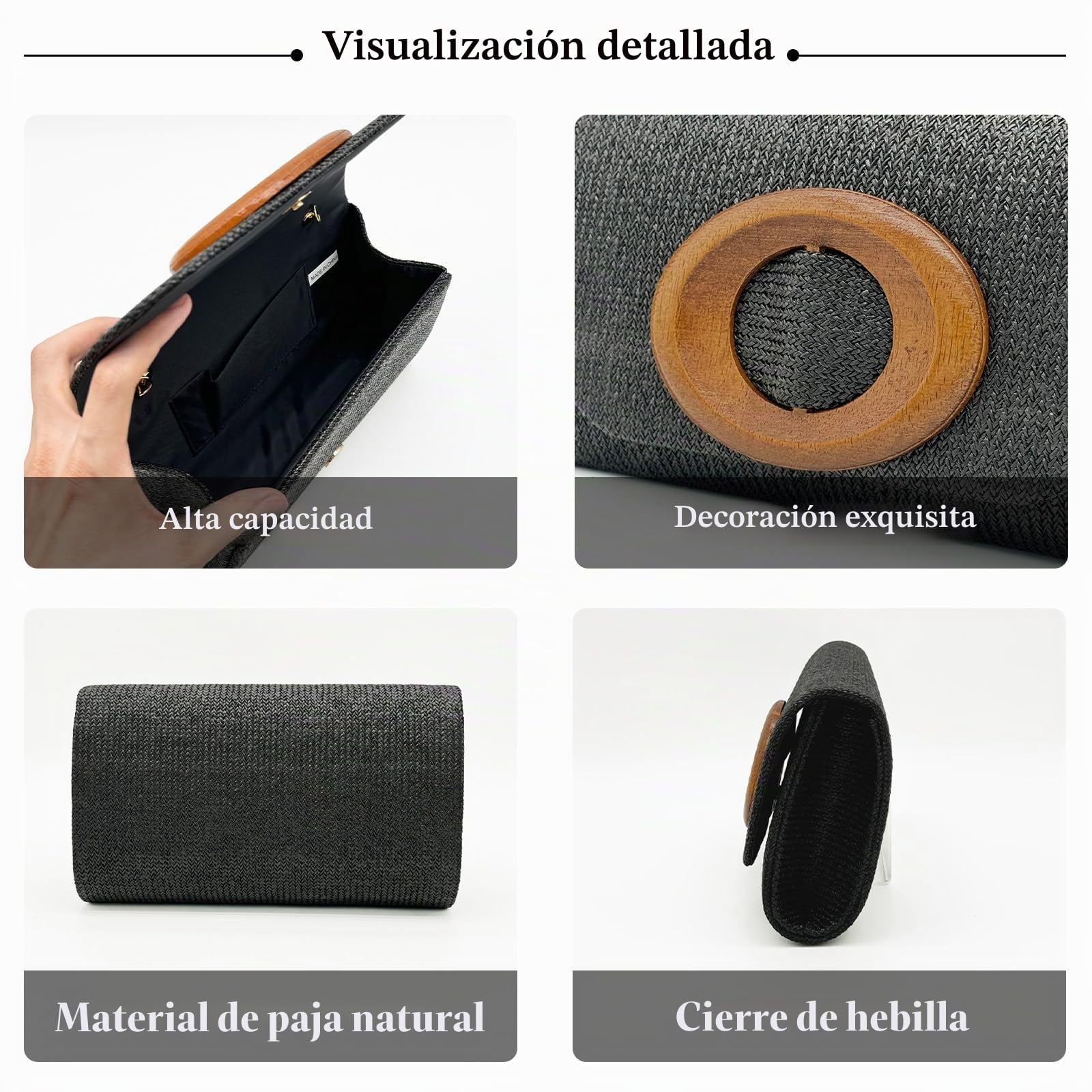 Bolso de Fiesta para Mujer Clutch de Paja Bolso de Boda Bolsa de Noche Bolso de Mano con Cadena Elegante Bolso de Hombro Bolsos Bandolera para Banquete Fiesta de Graduación Negro