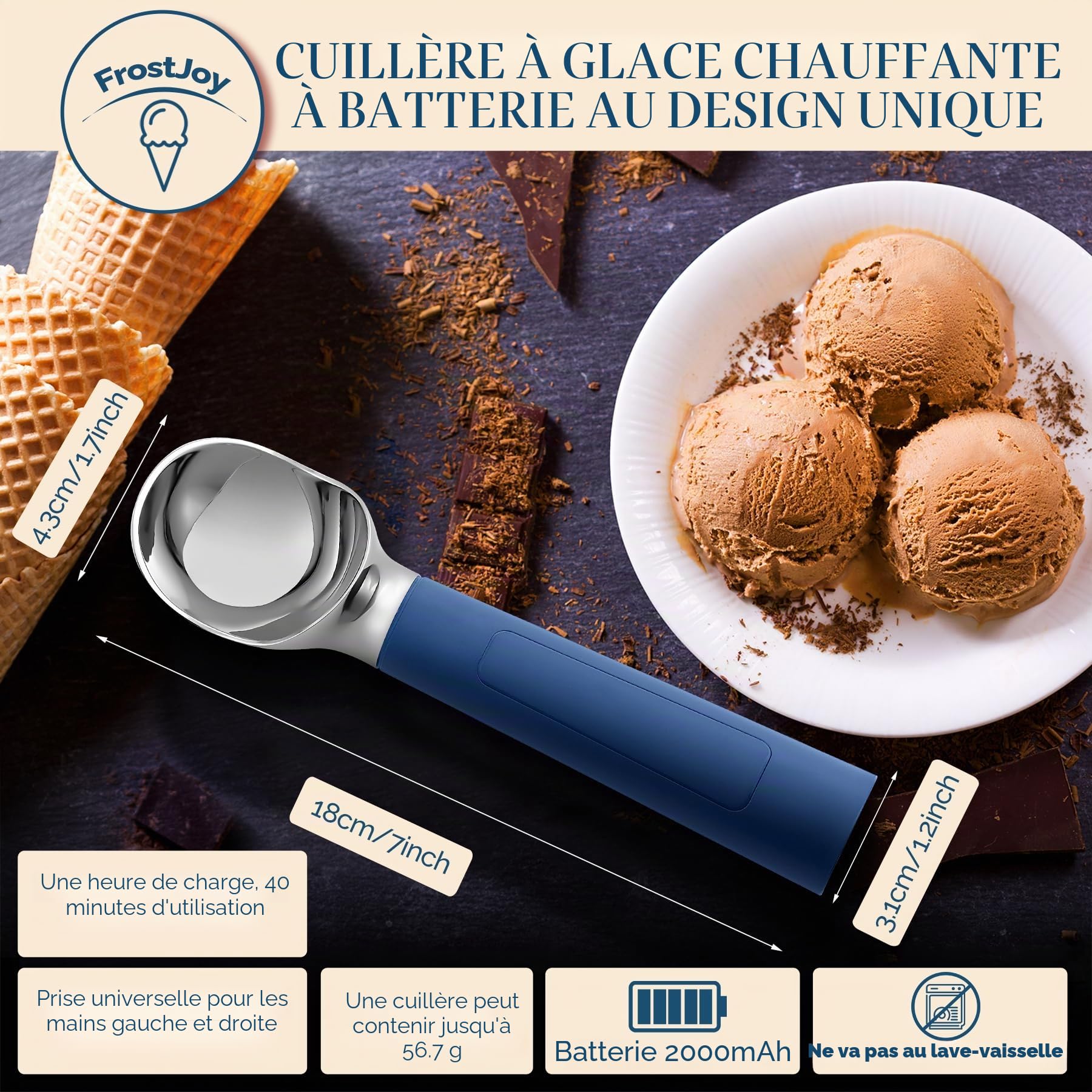 Cuillère à crème glacée chauffante, rechargeable, électrique avec écran LED, chauffe jusqu'à 70 °C pour crème glacée dure, facile pour les personnes âgées et les enfants, étanche IP67 (bleu)