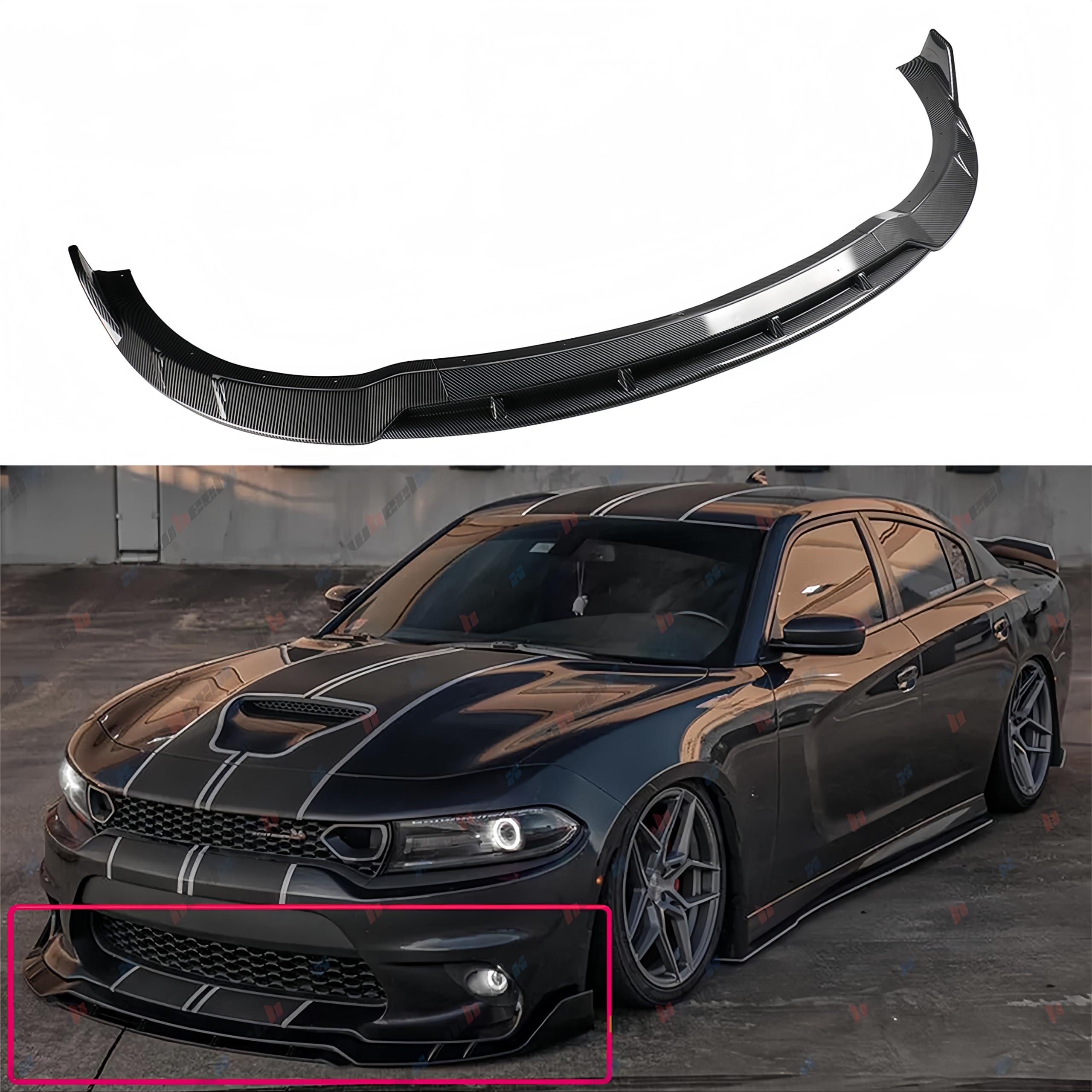 4Pcs Front Bumper Lip Compatible with 2015-2024 Dodge Charger, Air Dam Lower Chin Spoiler Splitter Fit for SRT Hellcat 392 Scat Pack GT R/T Daytona, Protection Body Kit (Carbon Fiber Pattern)