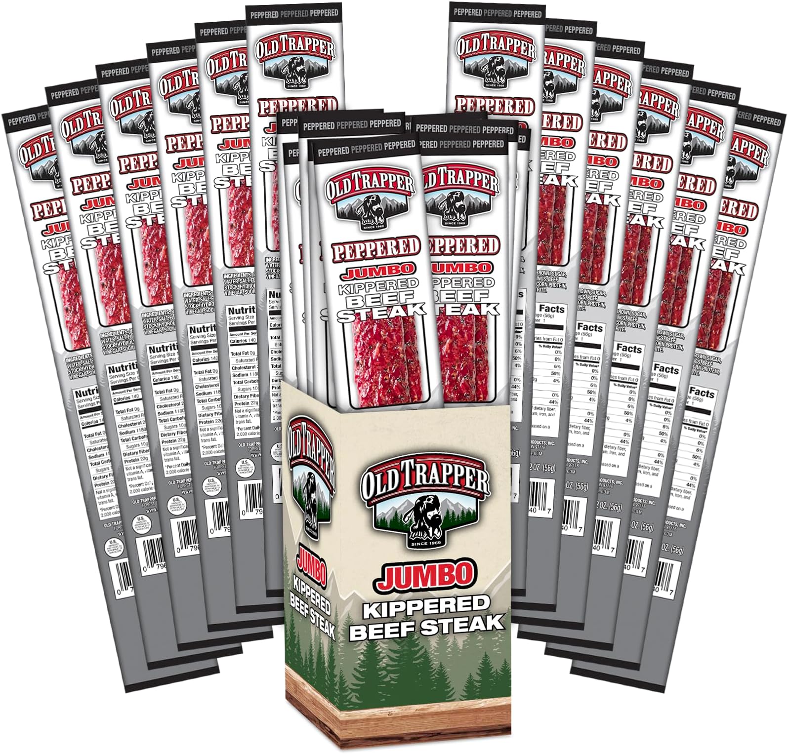 Old Trapper Kippered Steak, Peppered Flavor, Two-Ounce Individually Wrapped Packages, Spicy Meat Snack for Between Meal Bites, 22 Grams of Protein per Serving (Pack of 12)