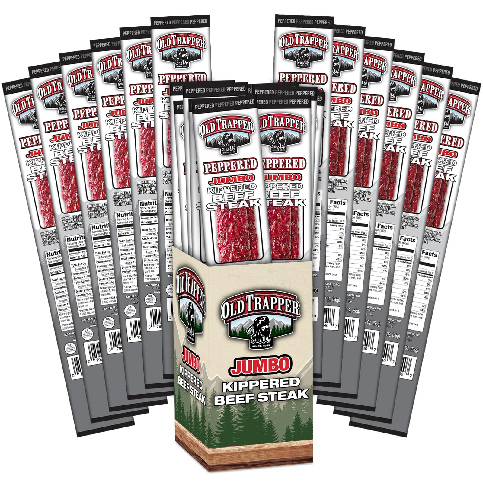 Kippered Steak, Peppered Flavor, Two-Ounce Individually Wrapped Packages, Spicy Meat Snack for Between Meal Bites, 22 Grams of Protein per Serving (Pack of 12)