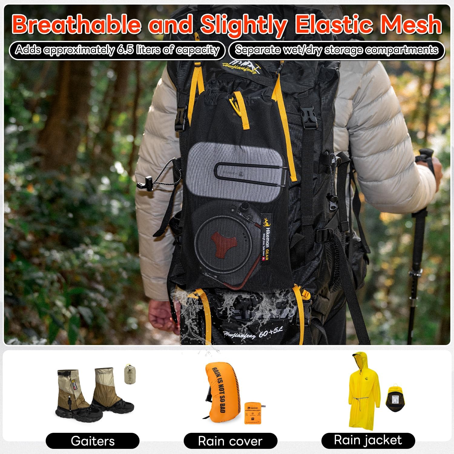 HIKEMAN Kangaroo Pocket for Backpack, Lightweight Breathable Front-Pocket Elastic Mesh Kangaroo Pouch, Place Wet Clothing/Rain Gear (Black) - Image 3