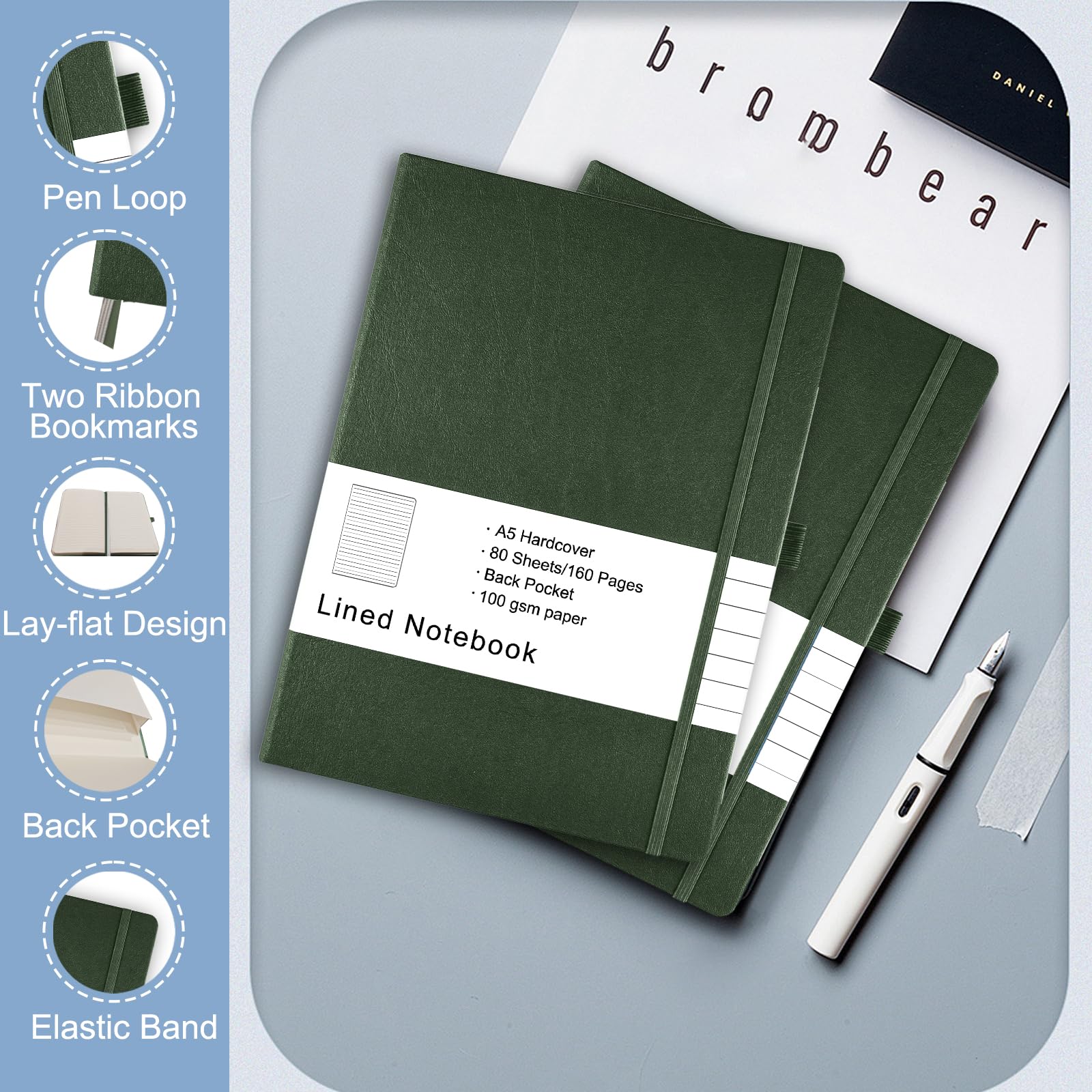 HAO&Q A5 liniertes Tagebuch, Notizbuch für Damen und Herren, 160 Seiten, 100 g/m² dickes Papier, 14,5 x 20,3 cm, Hardcover-Notizbuch mit Stiftschlaufe (grün)