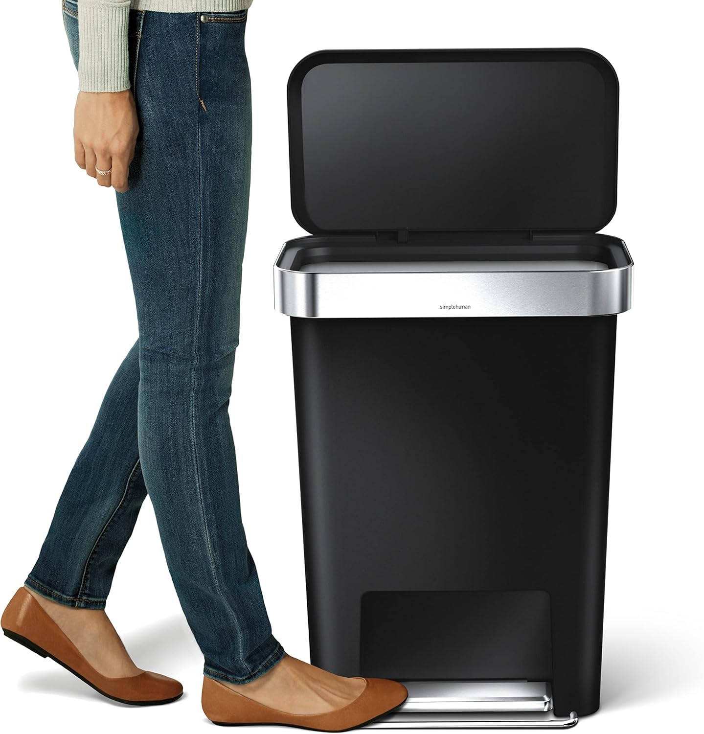 simplehuman 45 Liter / 12 Gallon Rectangular Kitchen Step Trash Can with Soft-Close Lid, Black Plastic