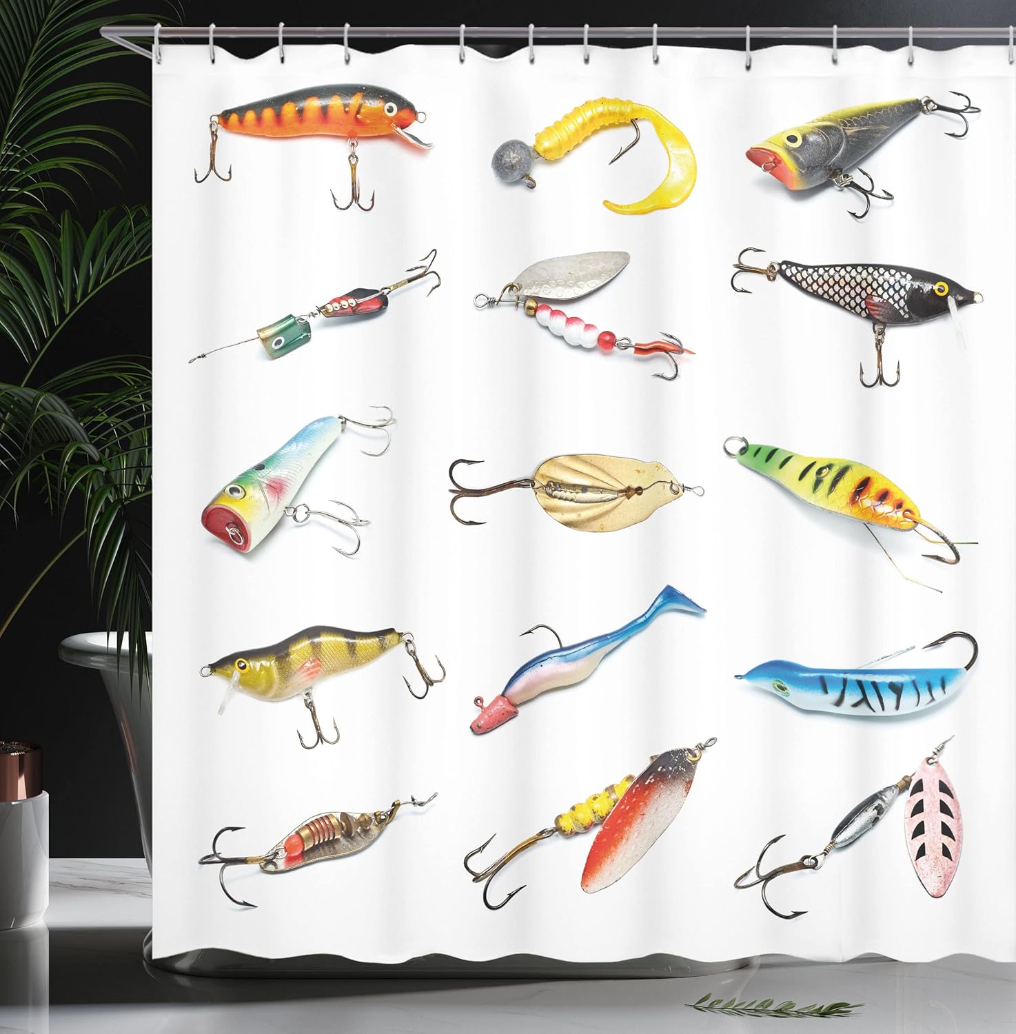 Ambesonne Fishing Shower Curtain, Several Fish Hook Equipment Objects Trolling Angling Netting Gathering Activity, Cloth Fabric Bathroom Decor Set with Hooks, 69" W x 75" L, Multicolor White