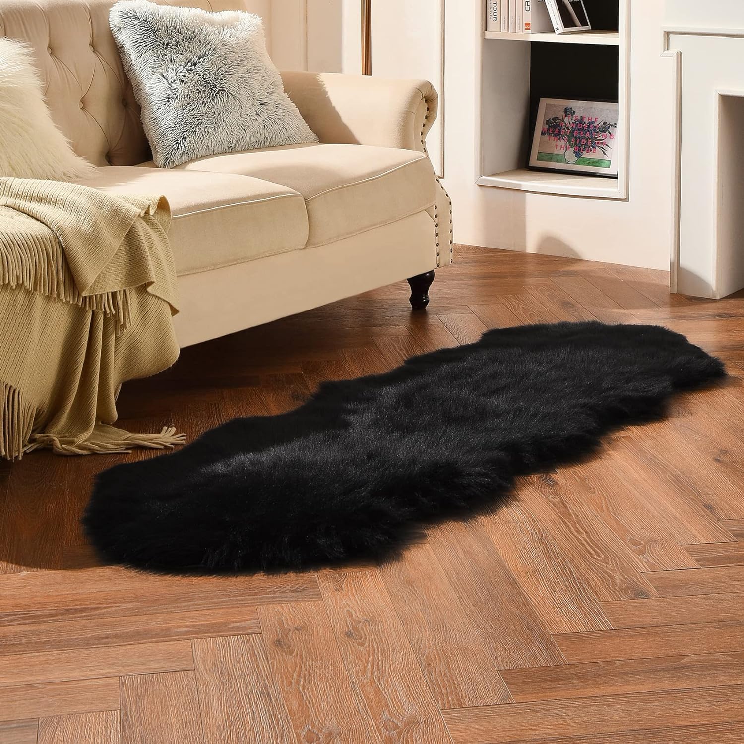 JXLOULAN Soft Fluffy Faux Sheepskin Area Rugs Black 80x180 cm Faux Fur Rug Floor Carpets for Bedrooms Living Room Kids Rooms Decor - Image 3