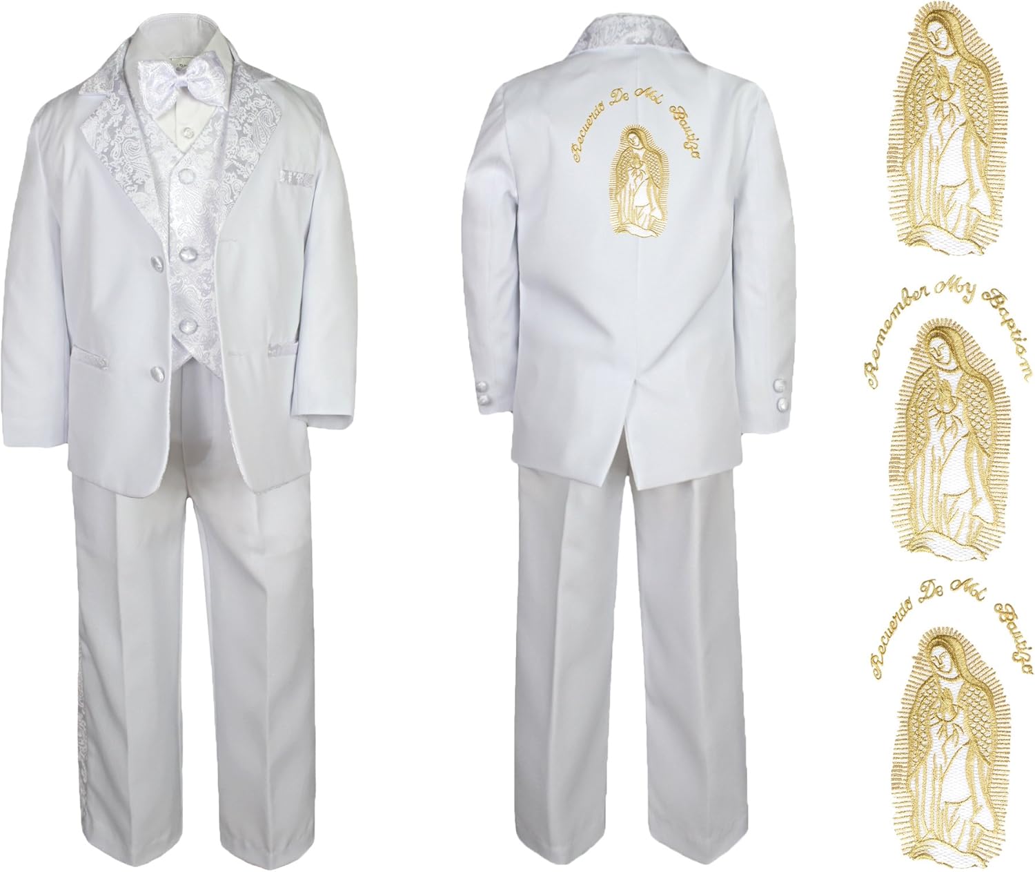 New Born Baby Boy Christening Baptism White Tail Suit Mary Maria on Back Sm-7