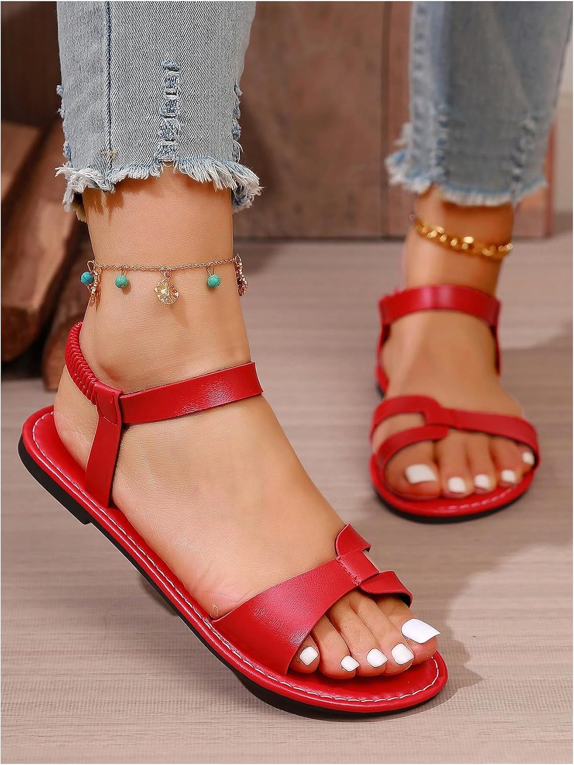 GORGLITTER Women's Red Strappy Ankle Strap Sandals Fisherman Cut Out Dressy Open Toe Flat Sandals 2026