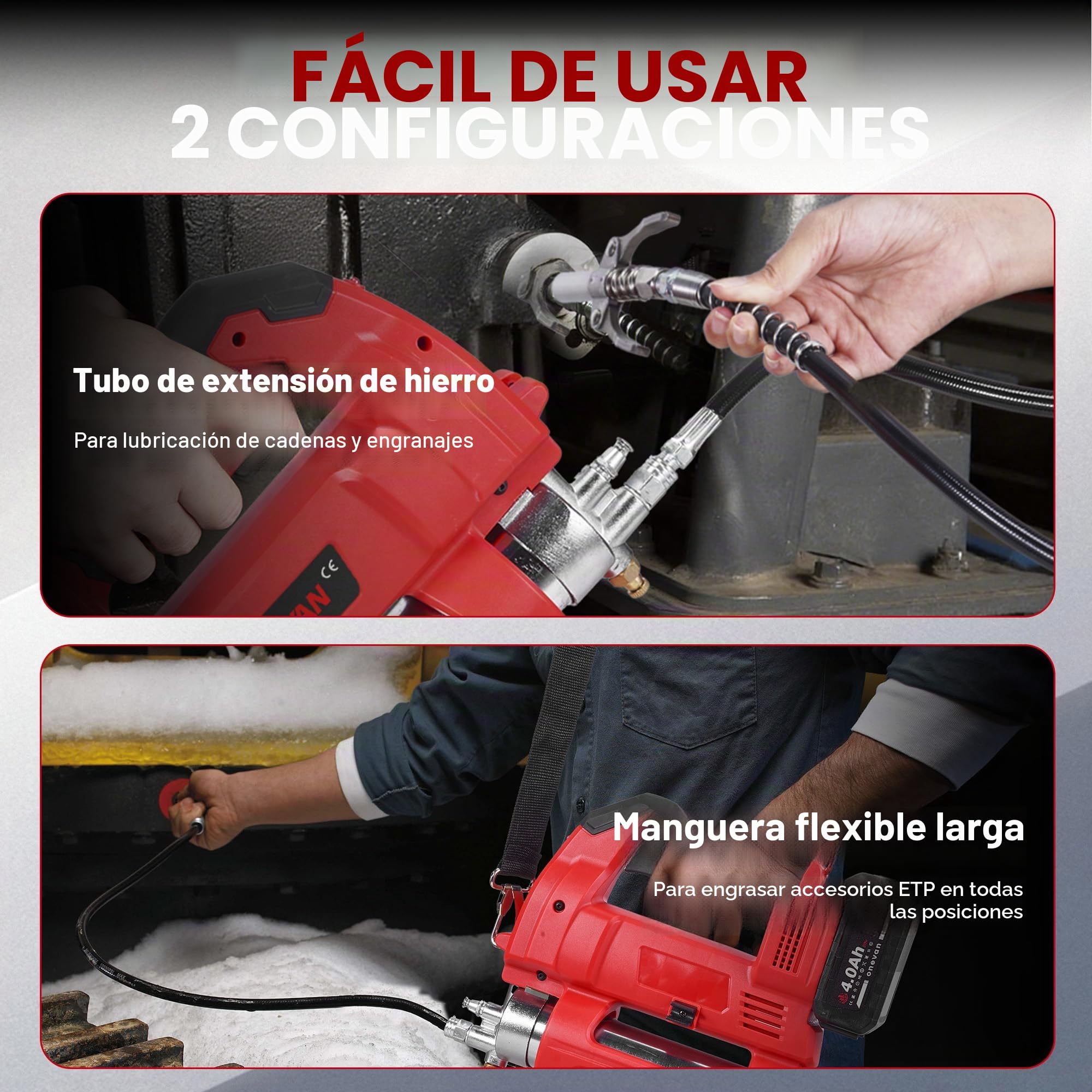 ONEVAN Pistola de lubricación eléctrica, 12000 PSI Engrasadora Batería, 800W Motor sin escobillas, 600 ml Capacidad, 2 baterías de 4,0 Ah, Apta para los sectores automo y agrícola (Rojo)