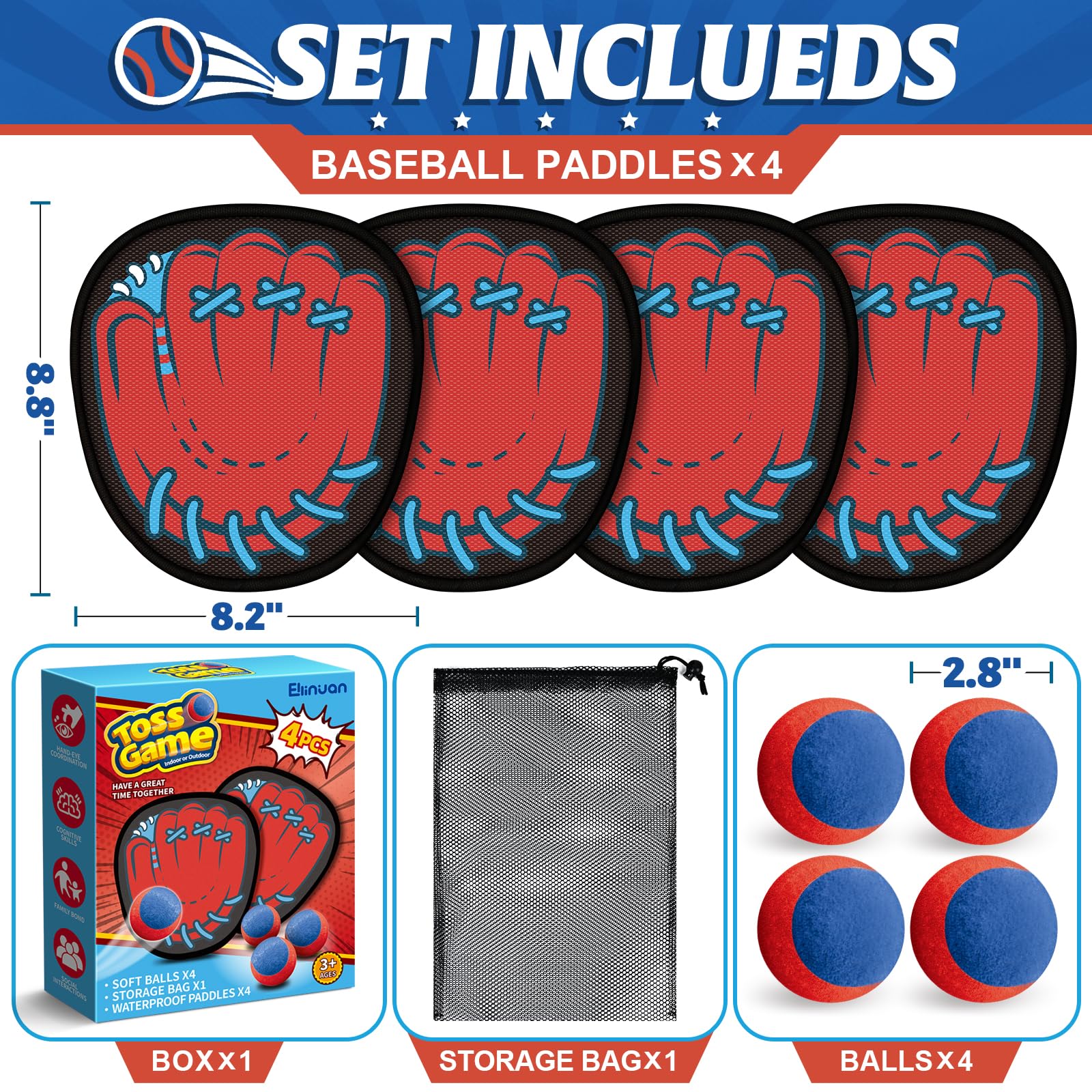 4 Pack Catch Ball Game Set, Outdoor Toys for Kids Ages 4-8-12, Summer Toys Beach Pool Backyard Outdoor Games for Toddlers Kids Family, Kid Baseball Training Glove, Fun Ideal Gifts