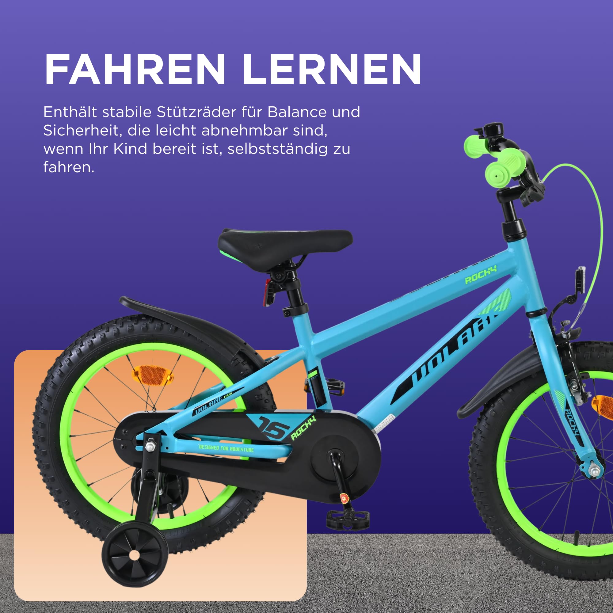 Volare Rocky Kinderfahrrad grün 16 Zoll | 4–6 Jahre | Hand- & Rücktrittbremse | Stützräder | Kettenschutz | Verstellbarer Sattel | Geschenk für Mädchen & Jungen