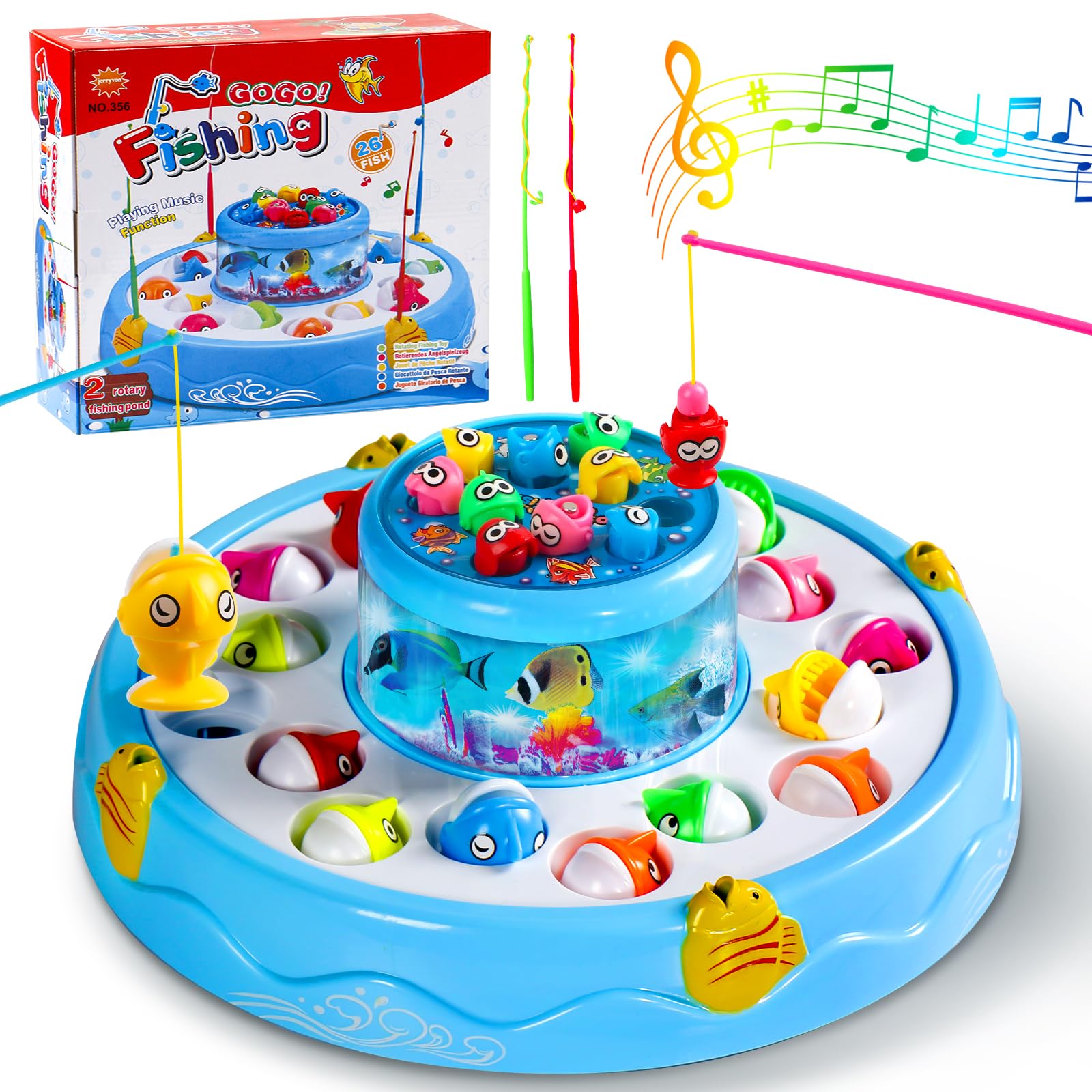 jerryvon Juguetes Niños 2 3 4 Años Juego Pescar Peces con 26 Piezas Peces Juegos Educativos Niños Y 4 Caña De Pescar Juguete Niña por Regalos Niños Niña 2 3 4 5 6 Años - Doble Capa Juguetes Piscina