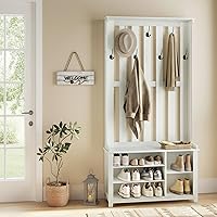 VASAGLE Hall Tree with Bench, Shoe Storage & 7 Double Hooks - Rustic White Entryway Coat Rack UHSR414W01, 70.9in Tall