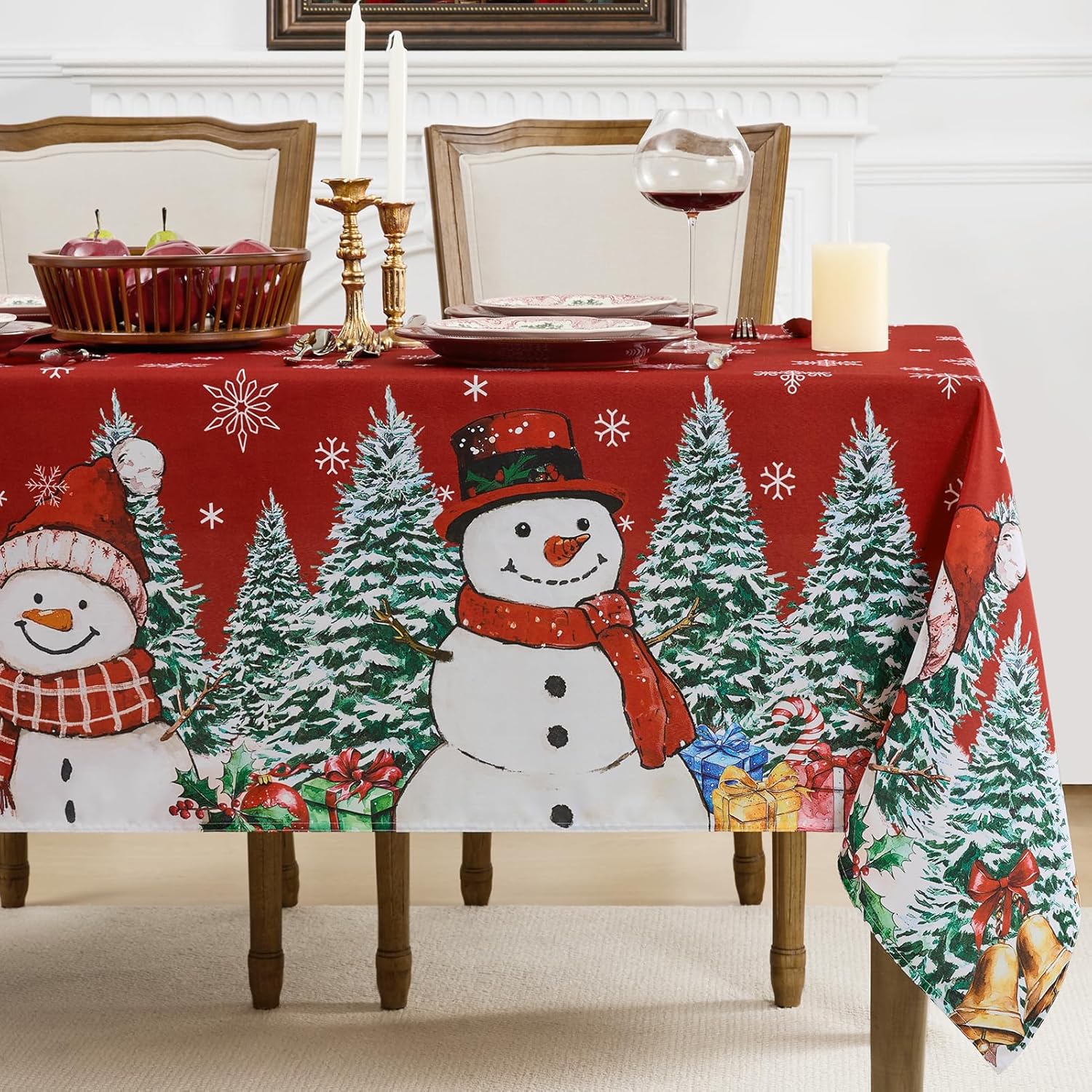 Romanstile Red Christmas Tablecloth, Printed Winter Snowman and Xmas Tree Design Rectangle Table Cloths, Holiday Decorative Stain-Resistant Table Covers for Dining Room Party Decor - 60 x 84 Inch Red 84" x 60" (Rectangular)