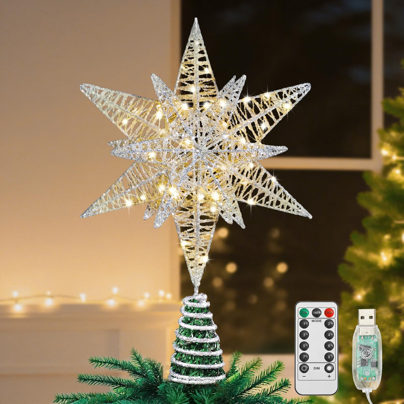 Lewondr Estrella para Copa del Árbol, 28CM Adorno para Árbol de Navidad con 8 Modos de Luces por USB con Mando a Distancia & Temporizador, Decoración Navideña del Hogar, Luz Cálida, Plata Blanco