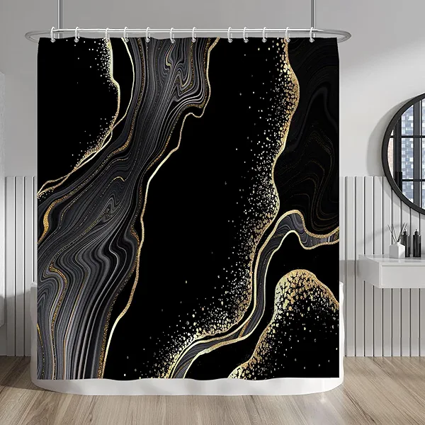 Baocicco Black and Gold Marble Shower Curtain Modern Luxury Abstract Shower Curtains Decorative for Bathroom Bathtubs Polyester Waterproof Fabric Shower Curtain with Hooks 72x78 Inches