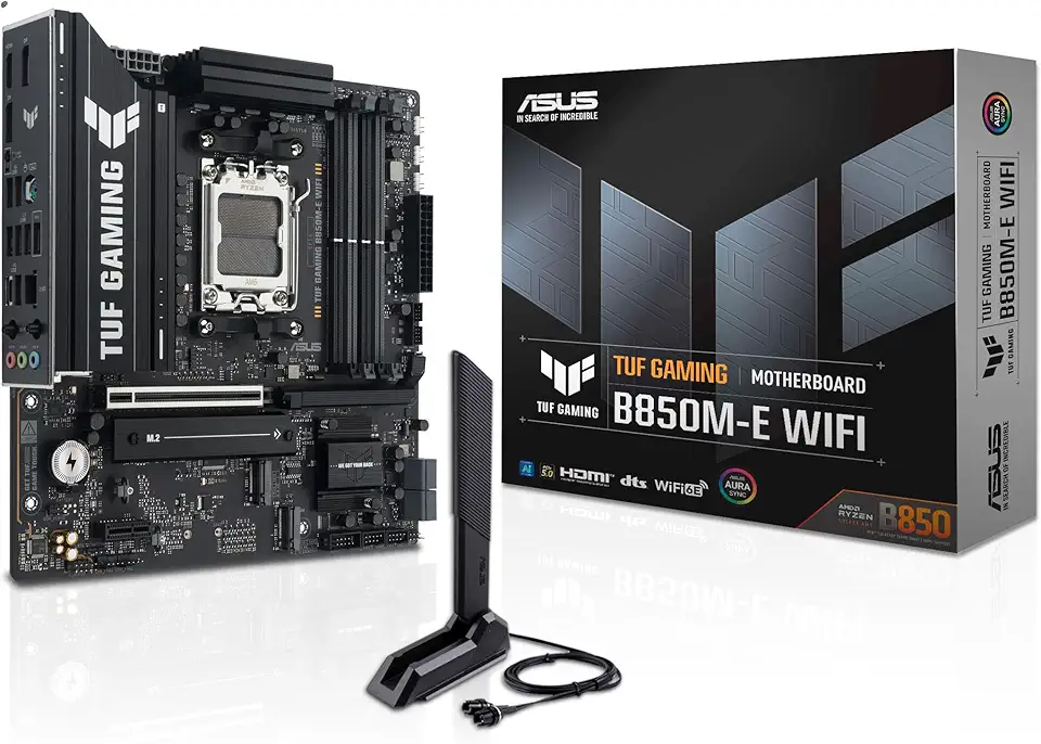 ASUS Placa-mãe TUF B850M-E Gaming Wi-Fi AMD Micro-ATX, 8+2+1 Power Stages, DDR5, PCIe 5.0 Slots, 3 slots M.2, Wi-Fi 6E, Realtek 2.5 Gb Ethernet, USB-C 10 Gbps, BIOS Flashback e Aura Sync