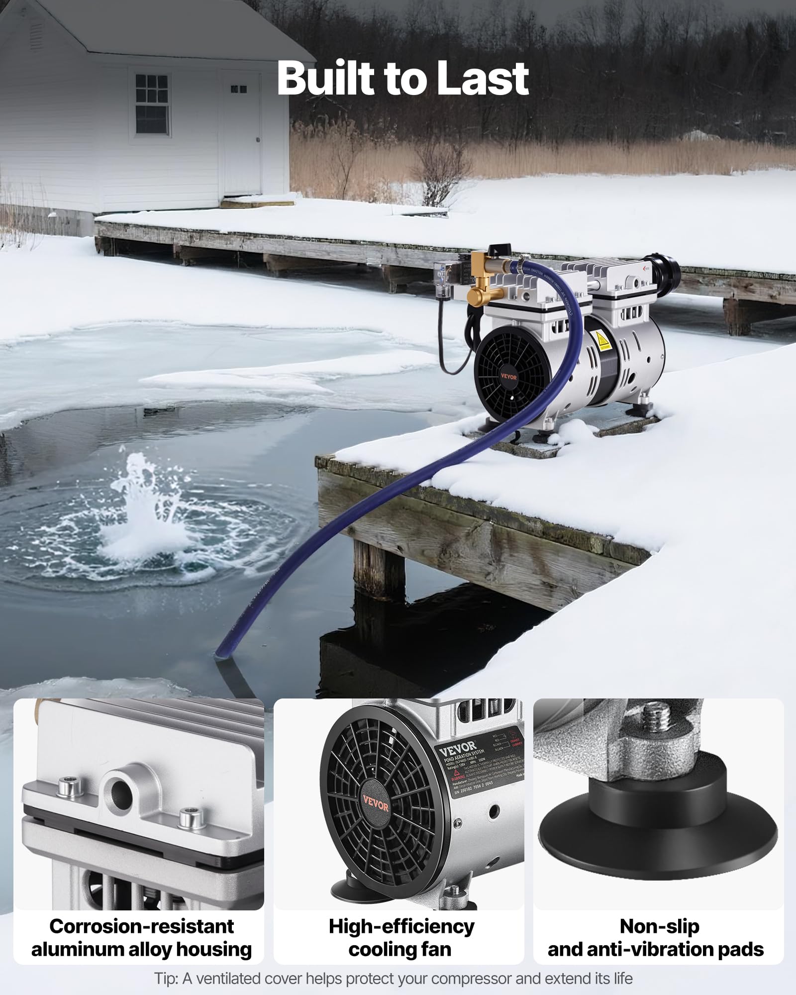 VEVOR Aeratore per Laghetto, Potenza 550 W 8,83 CMH per Lago Kit di Aerazione per Laghetto Include Compressore Timer Valvole, Compressore d'Aria per Circolazione dell'Ossigeno in Acque Profonde