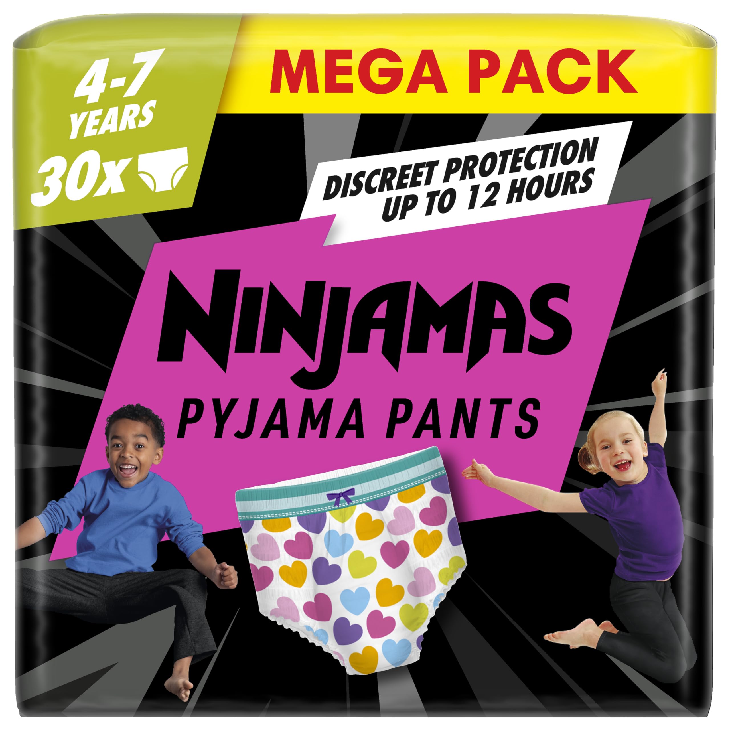 Pampers Ninjamas Pyjama Pants Hearts, 30 Pyjama Pants, 7 Years, 17kg-30kg, All-Night Leak Protection