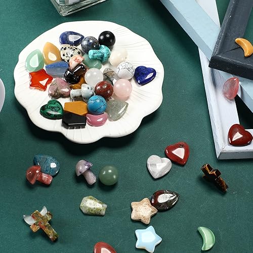 Miniatura 7 de Nuenen 64 piezas de piedras de preocupación de cristales curativos a granel, cruz, ataúd, luna, estrella, lágrima, bolsillo de palma, bola de