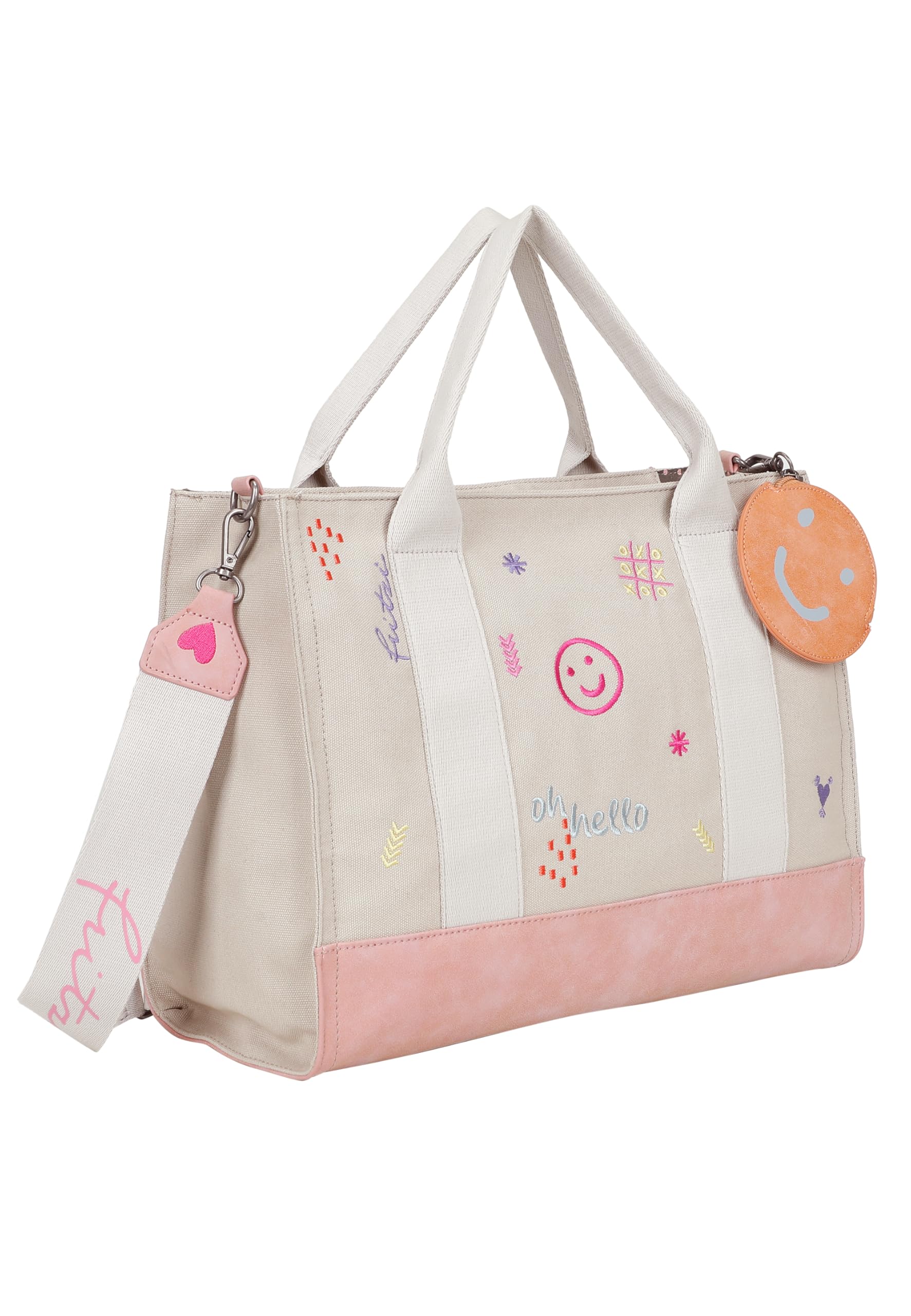 Fritzi Tote Bag Limited Embro Fun Shopper Canvas Damen Handtasche Stickerei Festival City Pocket Webbing-Gurt 29,5 x 40 x 14 cm - Anthrazit, Sand